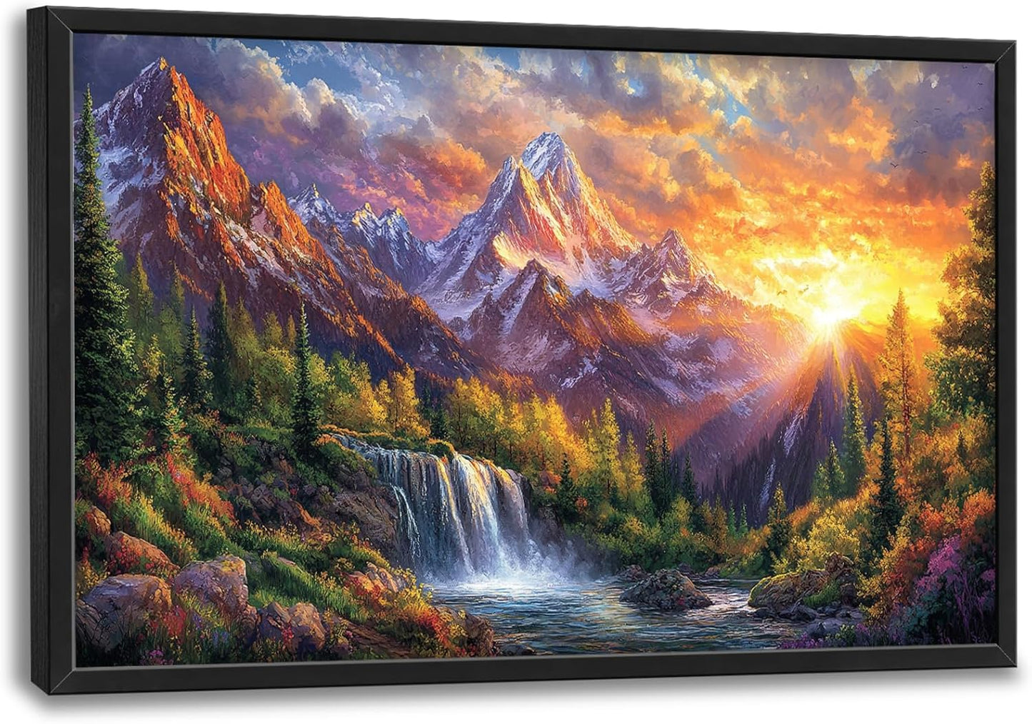 Large Mountain Tree Wall Art for Living Room, Framed Oversized Sunset Waterfall Wall Decor Nature Landscape Canvas Painting Modern Artwork for Living Room Bathroom Bedroom Office Dining Room 36"x24"