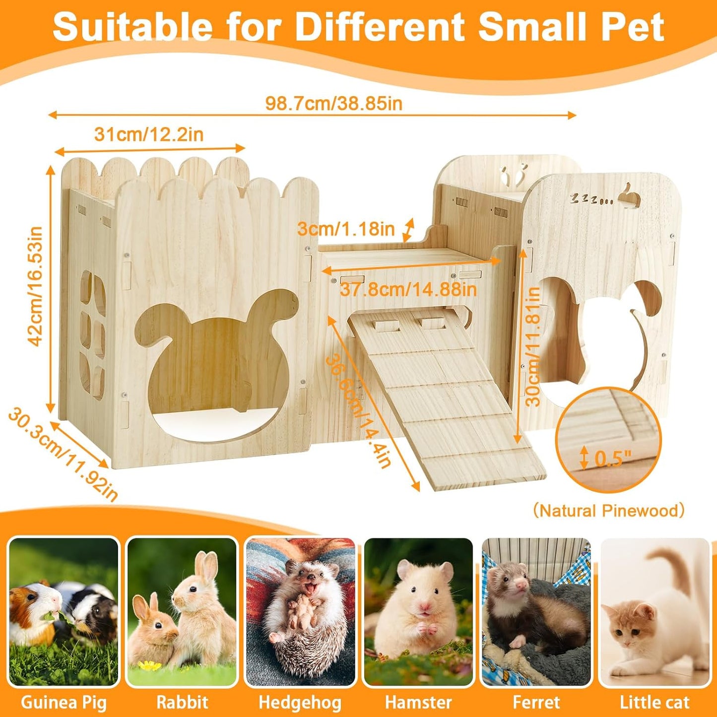 Natural Wooden Rabbit Castle House,Extra Large Hideout for Rabbit Guinea Pig Chinchilla Ferret,Sturdy Bunny House with Stair