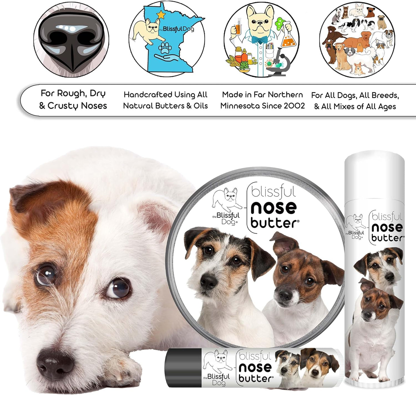 The Blissful Dog Jack Russell Terrier Nose Butter for Dry, Cracked Skin, Lick-Safe Dog Nose Balm with Moisturizing Shea Butter, Almond, Olive, and Essential Oils, Pet Supplies, Uncented, 0.15 oz.