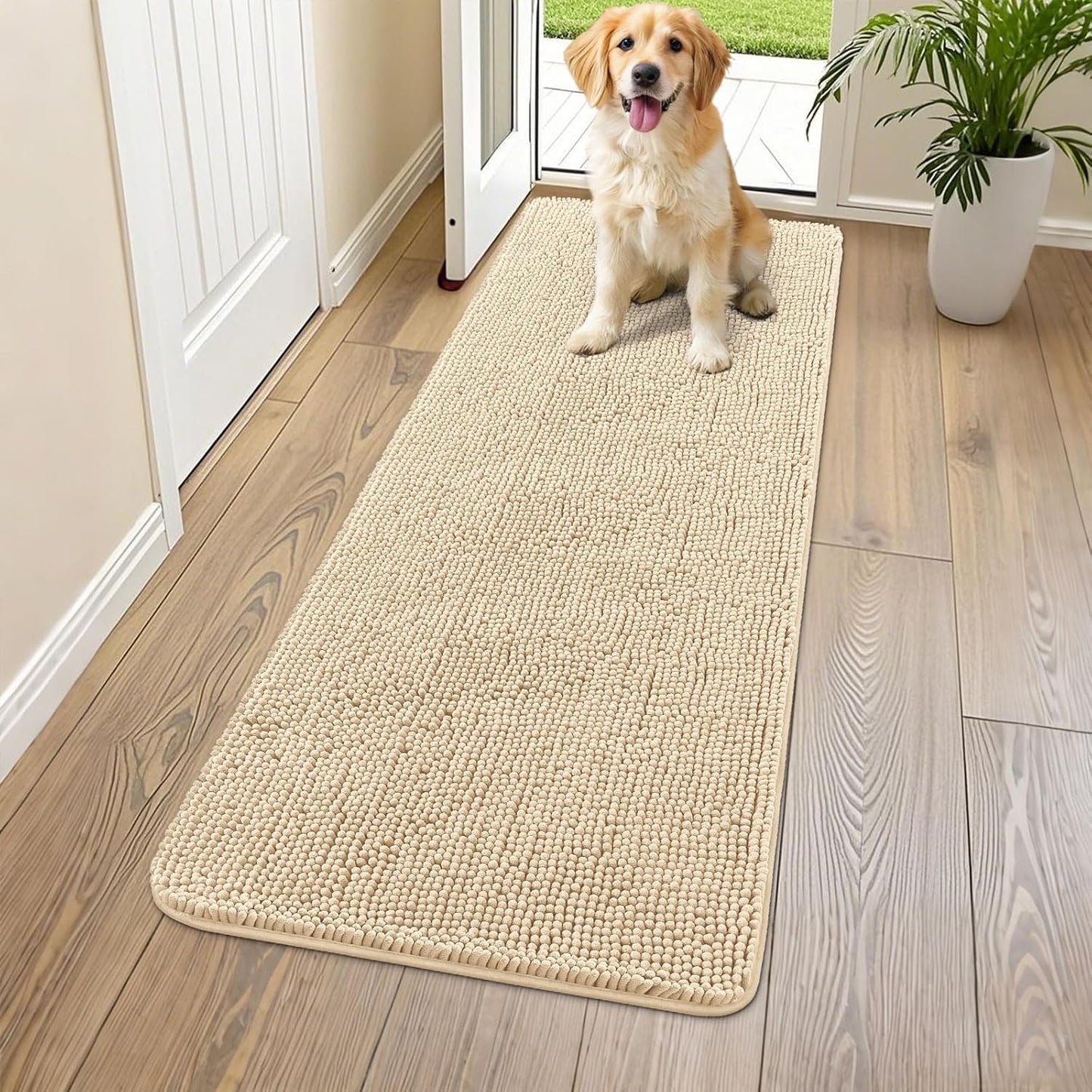 Smiry Dog Door Mat for Muddy Paws 59x20, Absorbs Moisture and Dirt Doormat, Non-Slip Washable Quick Dry Chenille Front Door Mat Indoor Entrance, Entryway Carpet for Inside Floor, Beige