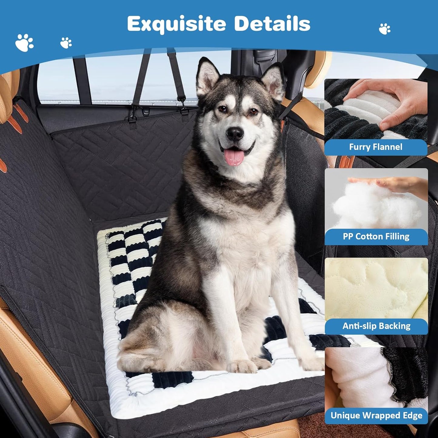 VClife Car Back Seat Cover for Dog, Non Slip Pet Bed Mat Washable Backseat Extender Cushion, Furry Dog Cat Travel Blanket Bed Modern White Black Plaid Bed, 59"×27.6"