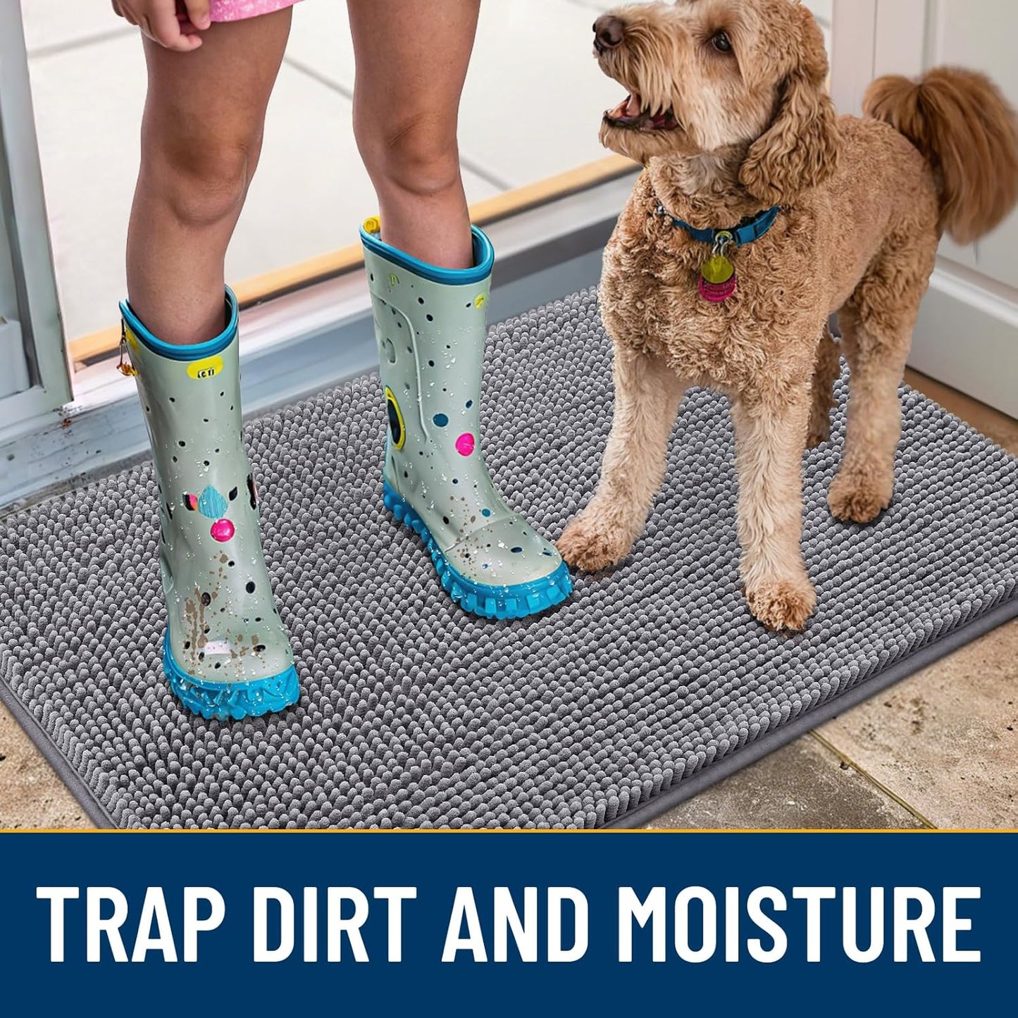 Smiry Dog Door Mat for Muddy Paws 70x32, Absorbs Moisture and Dirt Doormat, Non-Slip Washable Quick Dry Chenille Front Door Mat Indoor Entrance, Entryway Carpet for Inside Floor, Grey