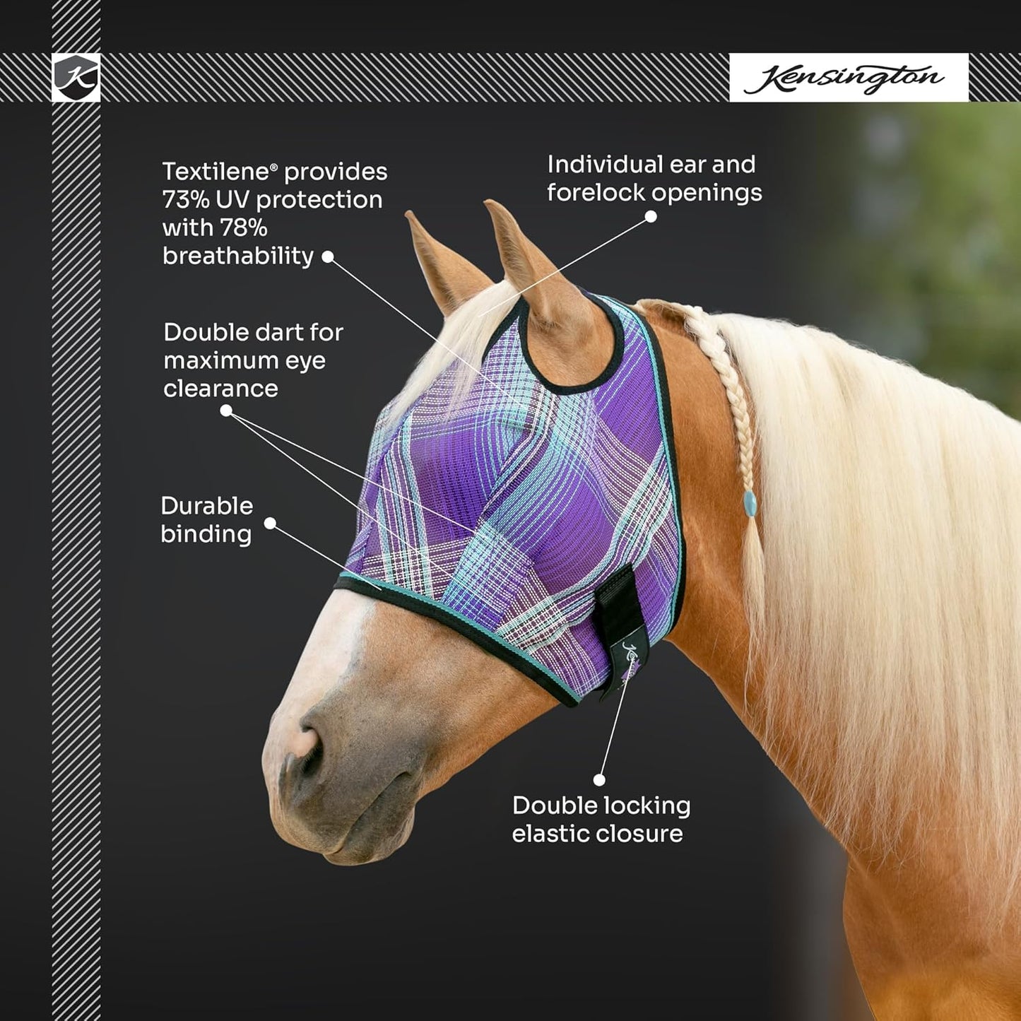 Kensington UV Horse Fly Mask with Web Trim - Protective Mask with Dual Ear Opening & Forelock Freedom - Small, Atlantis