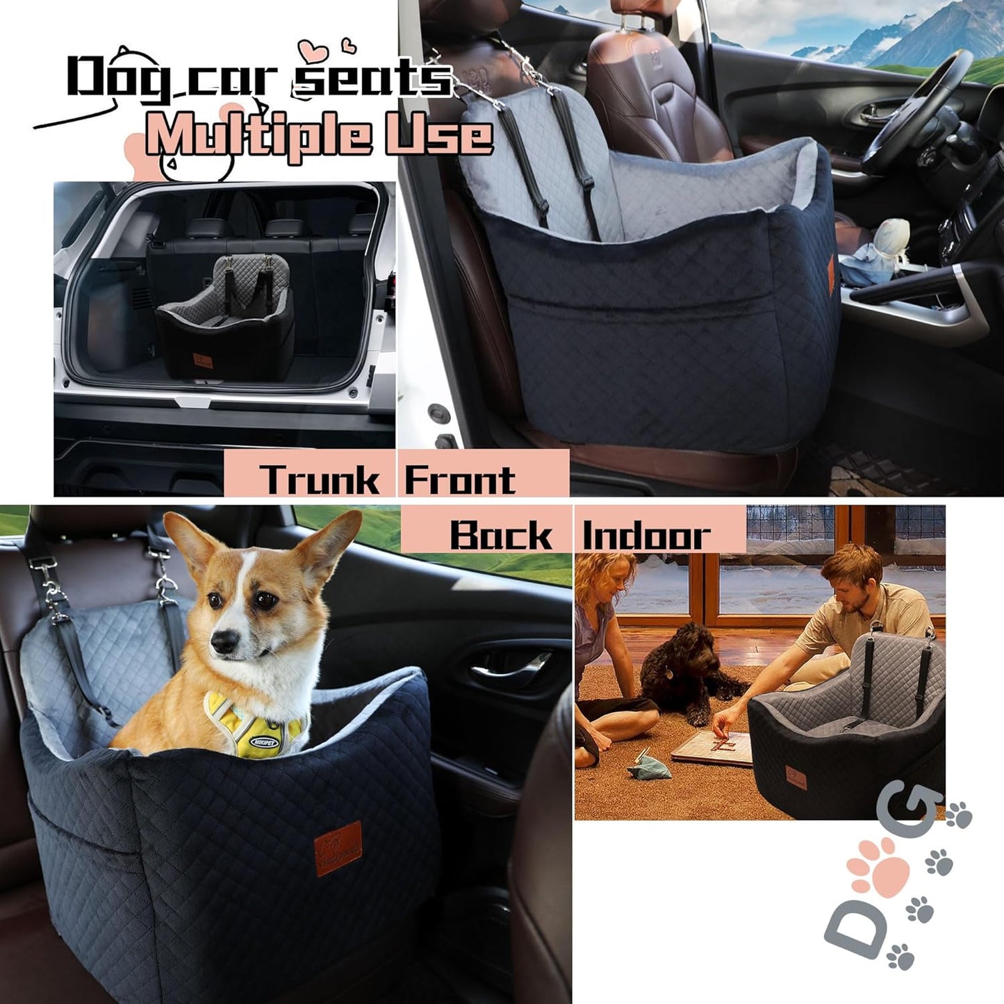 Dog Car Seat for Small Medium Dogs-Safety and Comfy Pet Booster Carseats with 2 Clip-On Satebelt & Storage Pockets,Washable and Detachable Puppy Car Seat for Dogs up to 30 lbs.(H-Black/Grey)