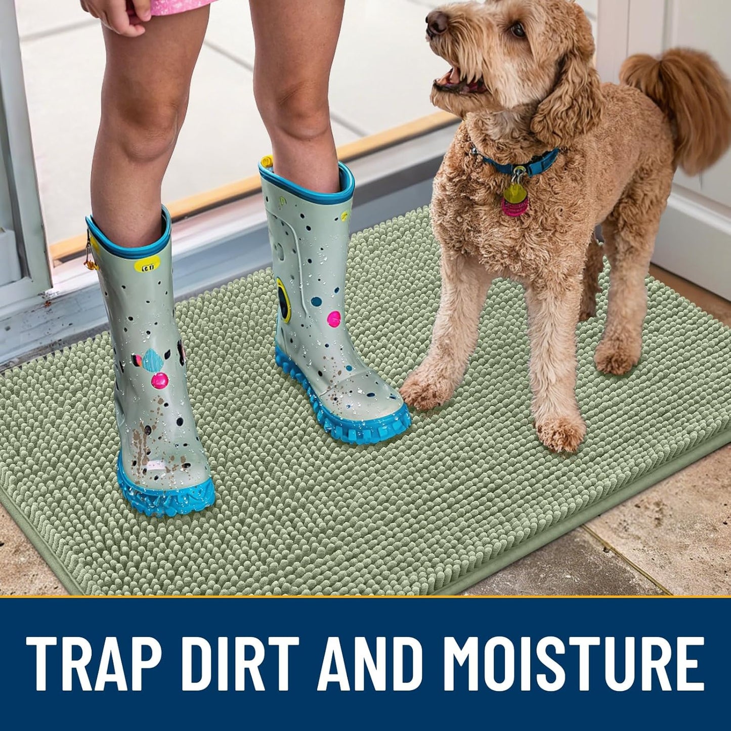 Smiry Dog Door Mat for Muddy Paws 36x24, Absorbs Moisture and Dirt Doormat, Non-Slip Washable Quick Dry Chenille Front Door Mat Indoor Entrance, Entryway Carpet for Inside Floor, Sage Green