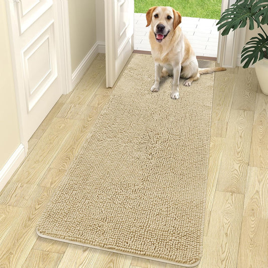 OLANLY Dog Door Mat for Muddy Paws 70x24, Absorbs Moisture and Dirt, Absorbent Non-Slip Washable Doormat, Quick Dry Chenille Mud Mat for Dogs, Entry Indoor Entryway Carpet for Inside Floor, Beige