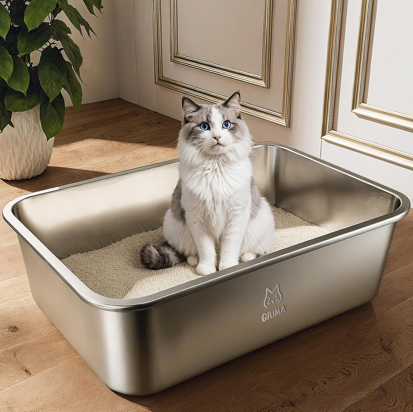 Stainless Steel Litter Box, Large Metal Cat Litter Box with High Sided for Big and Small Cats, Kitty Litter Boxes, Non-Stick, Easy to Clean, Odor-Free, Small Cat Toilet