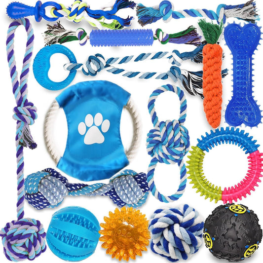 Dog Toys 15 Pack for Teeth Cleaning and Fun, Puppy Teething Chew Toys Interactive Rope Squeaky Treat Balls & Rubber Tous Bulk– Variety Dog Gifts Set Reduce Anxiety & Save Furniture