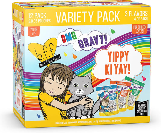Weruva B.F.F. OMG - Best Feline Friend Oh My Gravy!, Yippy Ki Yay Yellows! Variety Pack, 2.8oz Pouch (Pack of 12)