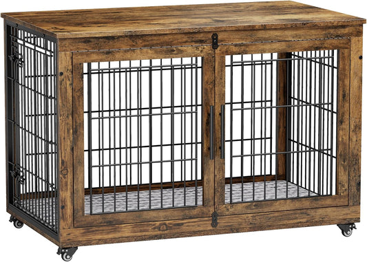 Lulive Dog Crate Furniture, XL Wooden Dog Kennel Indoor Double Doors Dog Cage, 44'' Heavy Duty Dog Crate with Cushion & Wheels, Decorative End Table Pet House Chew-Resistant for Large Dogs, Brown