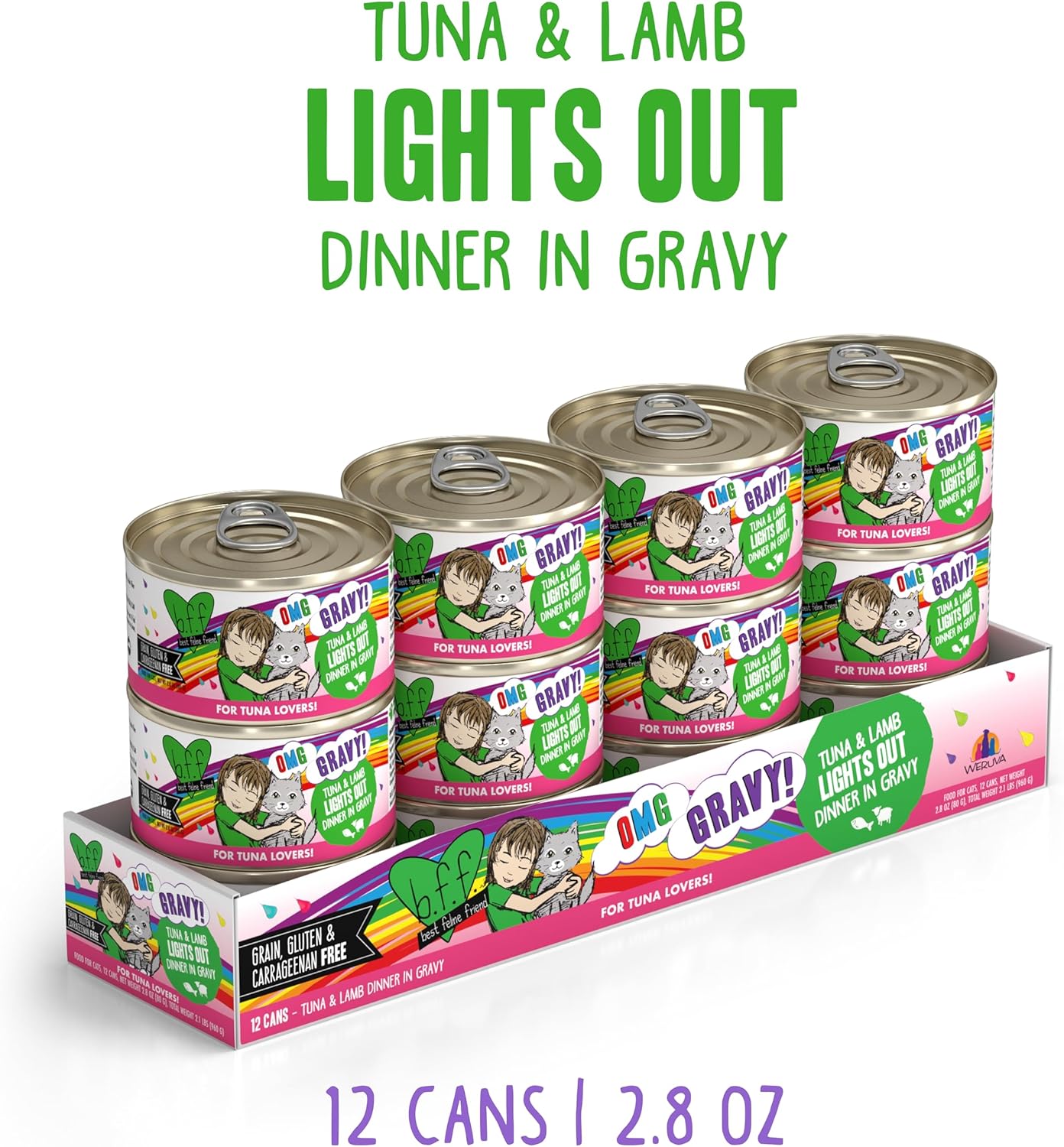 Weruva B.F.F. OMG - Best Feline Friend Oh My Gravy!, Tuna & Lamb Lights Out with Tuna & Lamb, 2.8oz Can (Pack of 12)