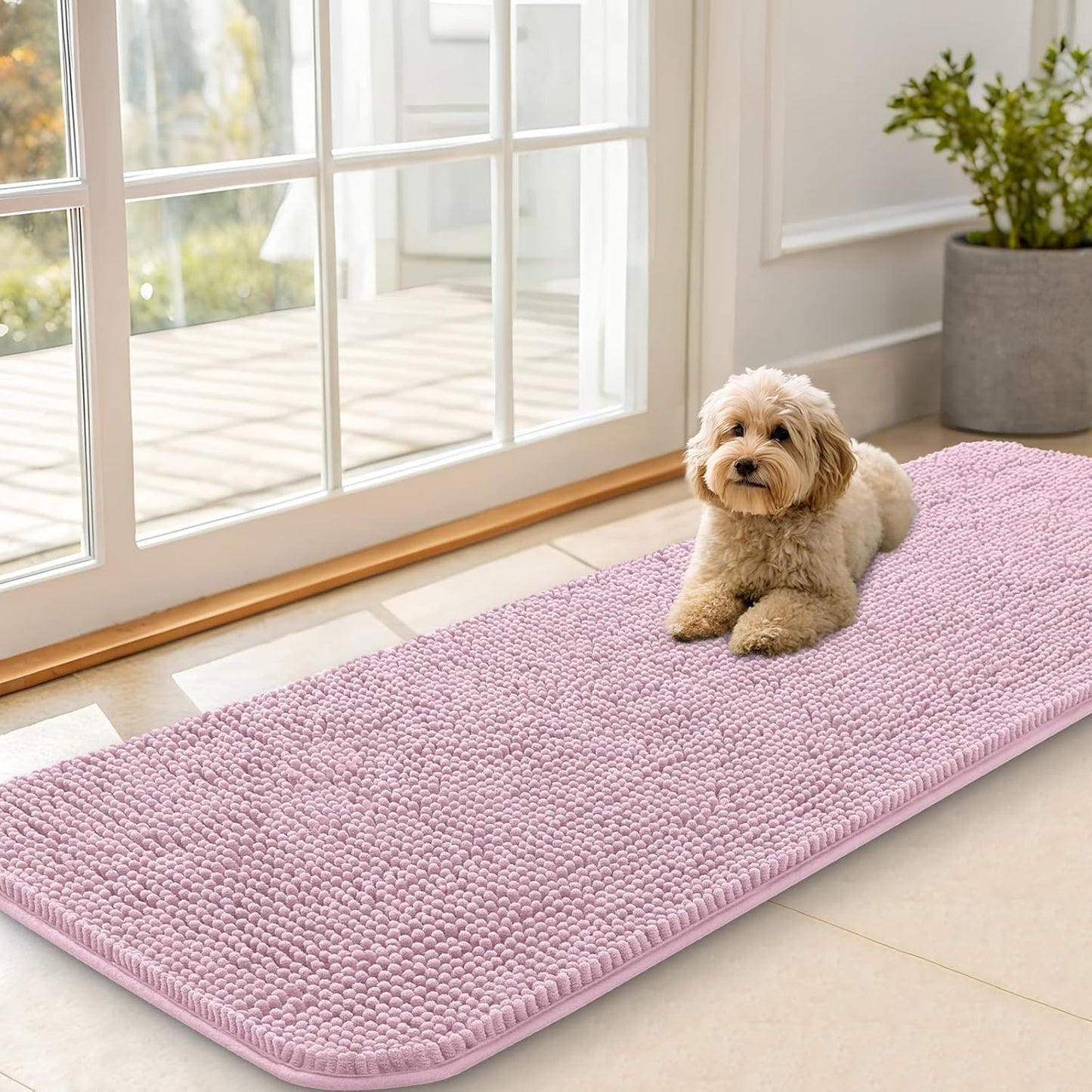 OLANLY Dog Door Mat for Muddy Paws 59x20, Absorbs Moisture and Dirt, Absorbent Non-Slip Washable Doormat, Quick Dry Chenille Mud Mat for Dogs, Entry Indoor Entryway Carpet for Inside Floor, Dusty Rose