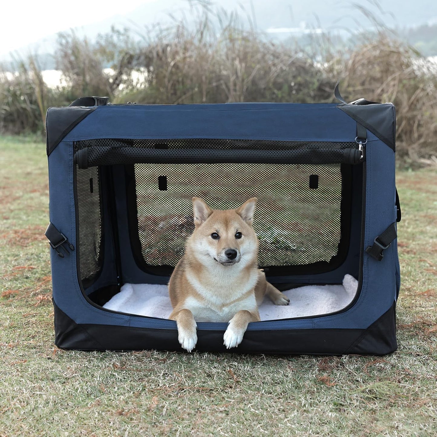 36 Inch Collapsible Crate for Large Dogs, 4-Door Foldable Soft Kennel with Chew Proof Mesh Windows for Indoor & Outdoor Travel,Navy Blue