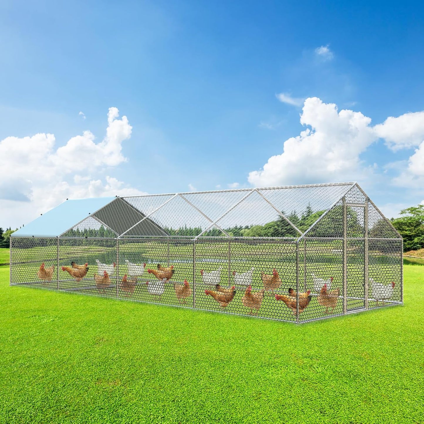 4ever2buy Large Metal Chicken Coop with Run Walk-in Poultry Cage Chicken Runs House Pen Cage Spire Roofed Chicken Coops with Anti-Ultraviolet Cover for Outdoor Backyard Farm Use 9.5’Lx24.9’Wx6.4’H