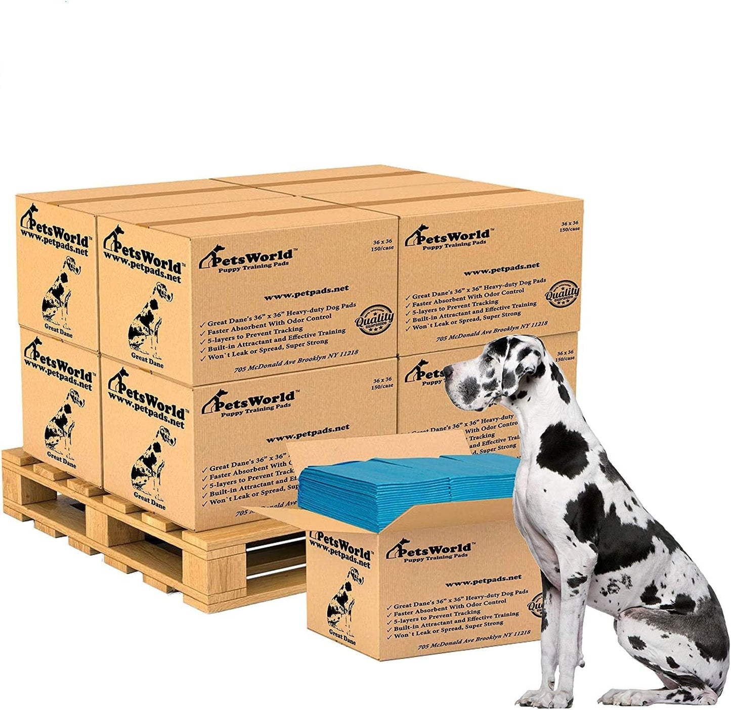 PETSWORLD Giant Dog Potty Pads, Odor-Eliminating, 36" x 36", Ultra Absorbent 5-Layer Leak-Proof Training Pads for Dogs & Cats (36x36, 1200 Count)