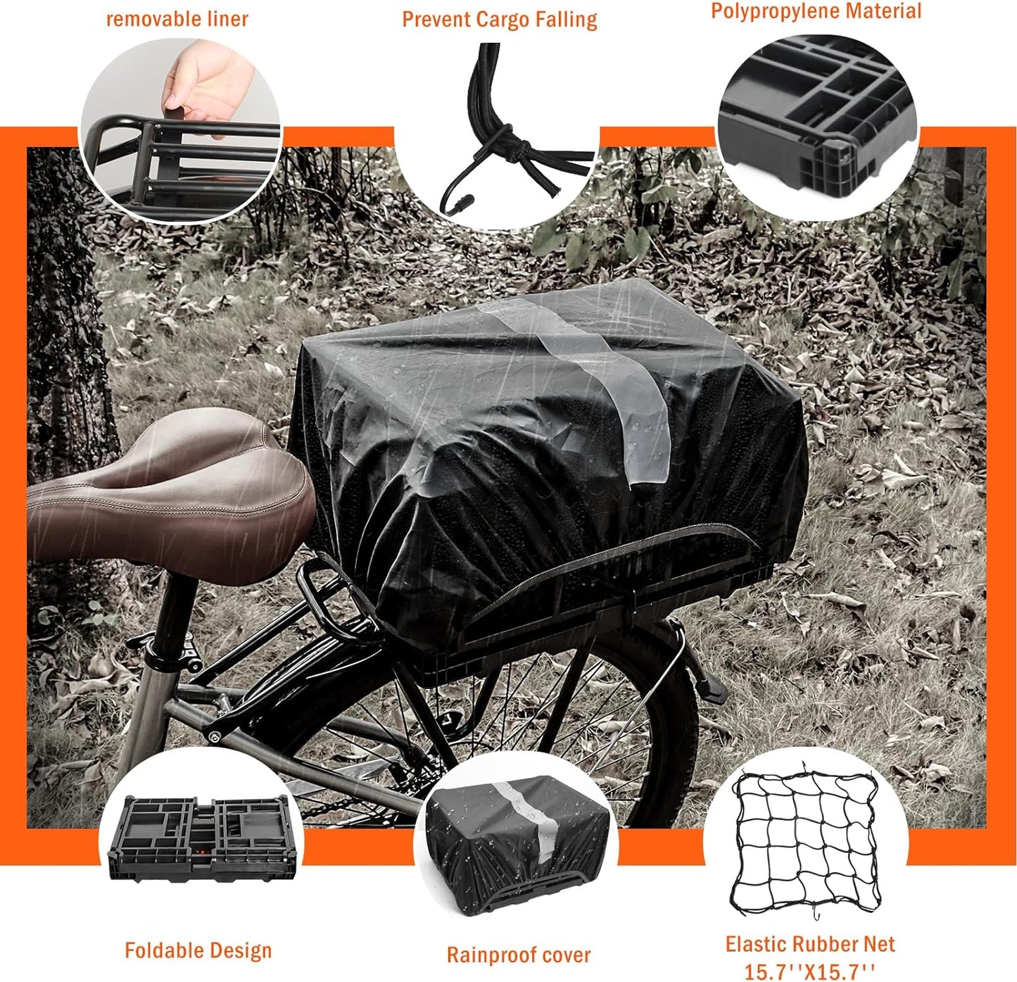 YEEGO DIRECT Bike Basket Rear, Folding Large Capacity Rear Bike Baskets, Collapsible Bicycle Storage Bike Milk Crate Rear Rack,Waterproof Cover for Shopping,Outings,Pets E-Bike Accessories (Black)
