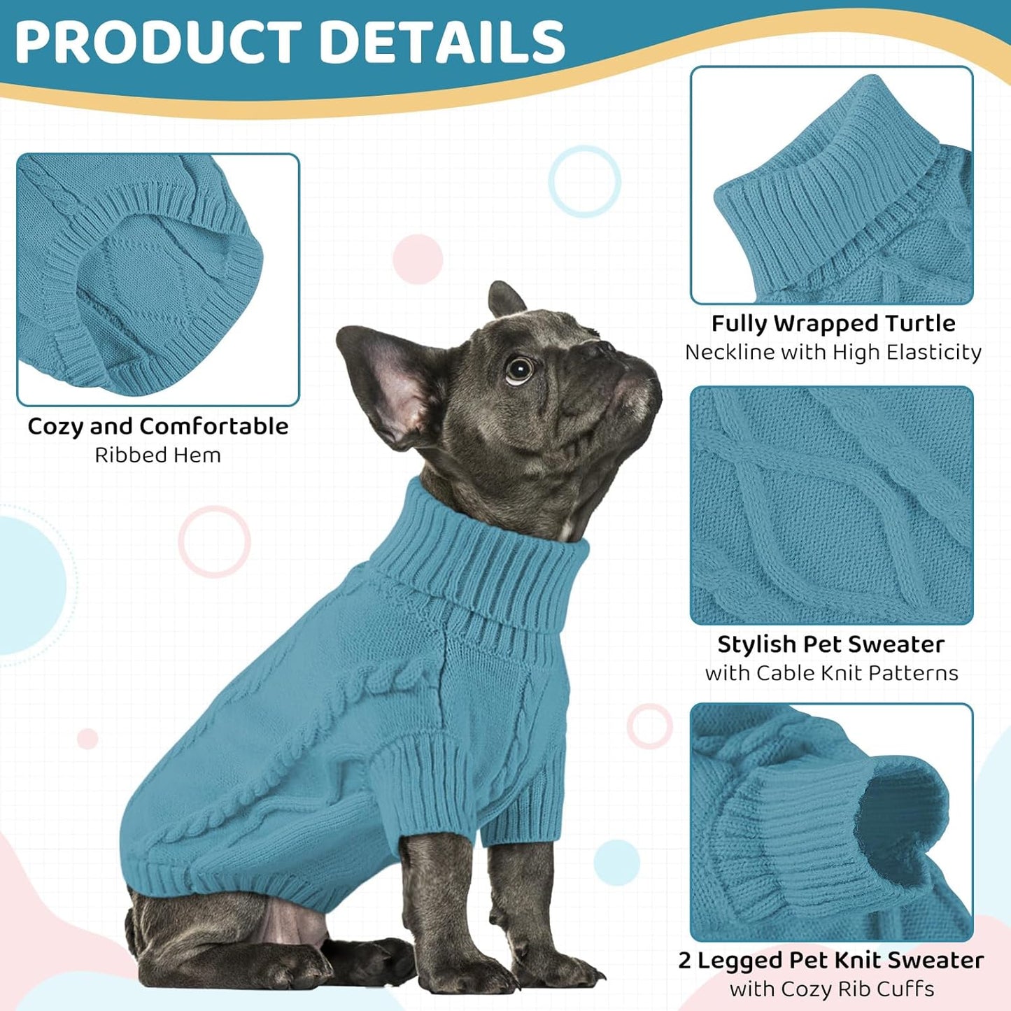 Queenmore Small Dog Pullover Sweater, Cold Weather Cable Knitwear, Classic Turtleneck Thick Warm Clothes for Chihuahua, Bulldog, Dachshund, Pug (Peacock Blue, X-Small)