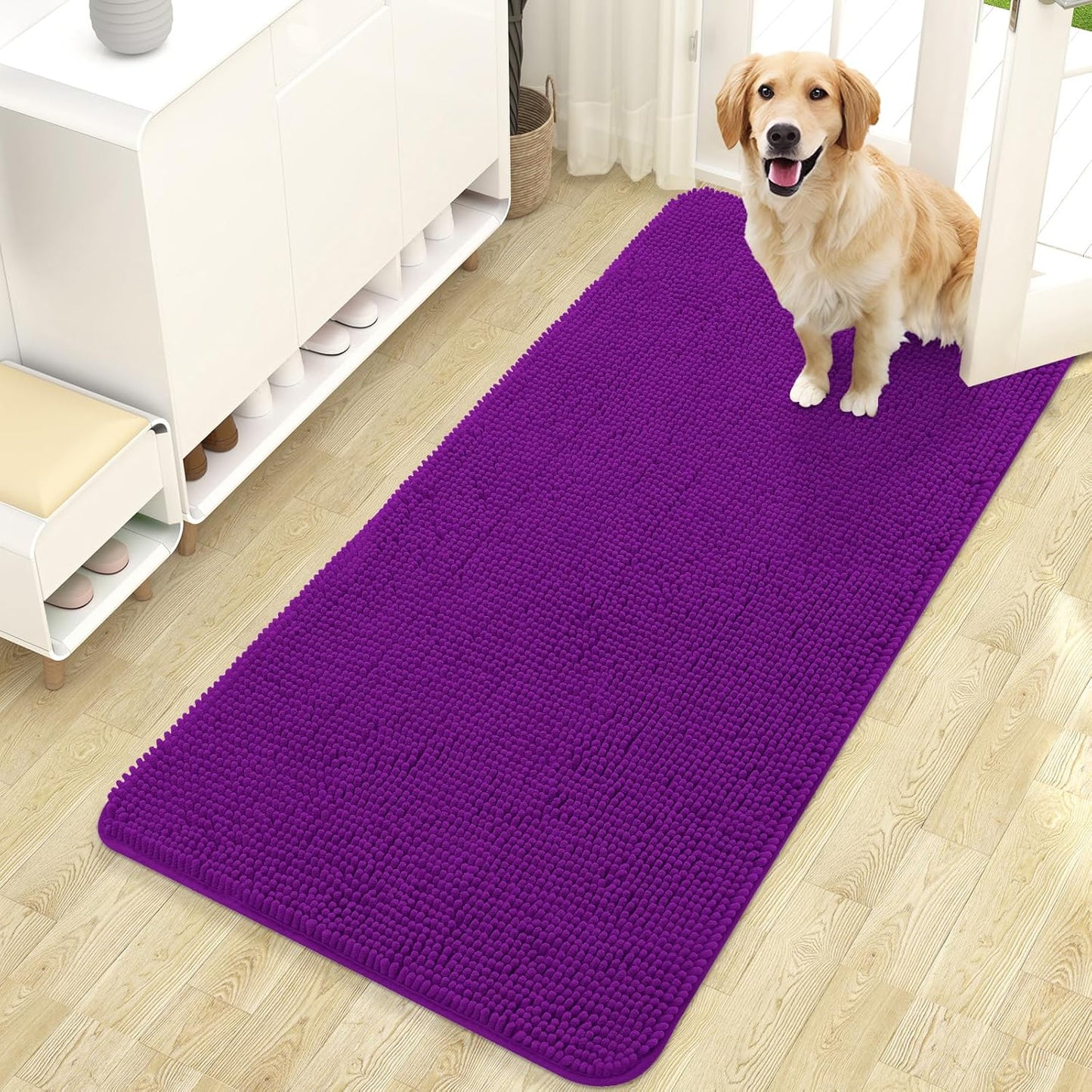 OLANLY Dog Door Mat for Muddy Paws 47x24, Absorbs Moisture and Dirt, Absorbent Non-Slip Washable Doormat, Quick Dry Chenille Mud Mat for Dogs, Entry Indoor Entryway Carpet for Inside Floor, Purple