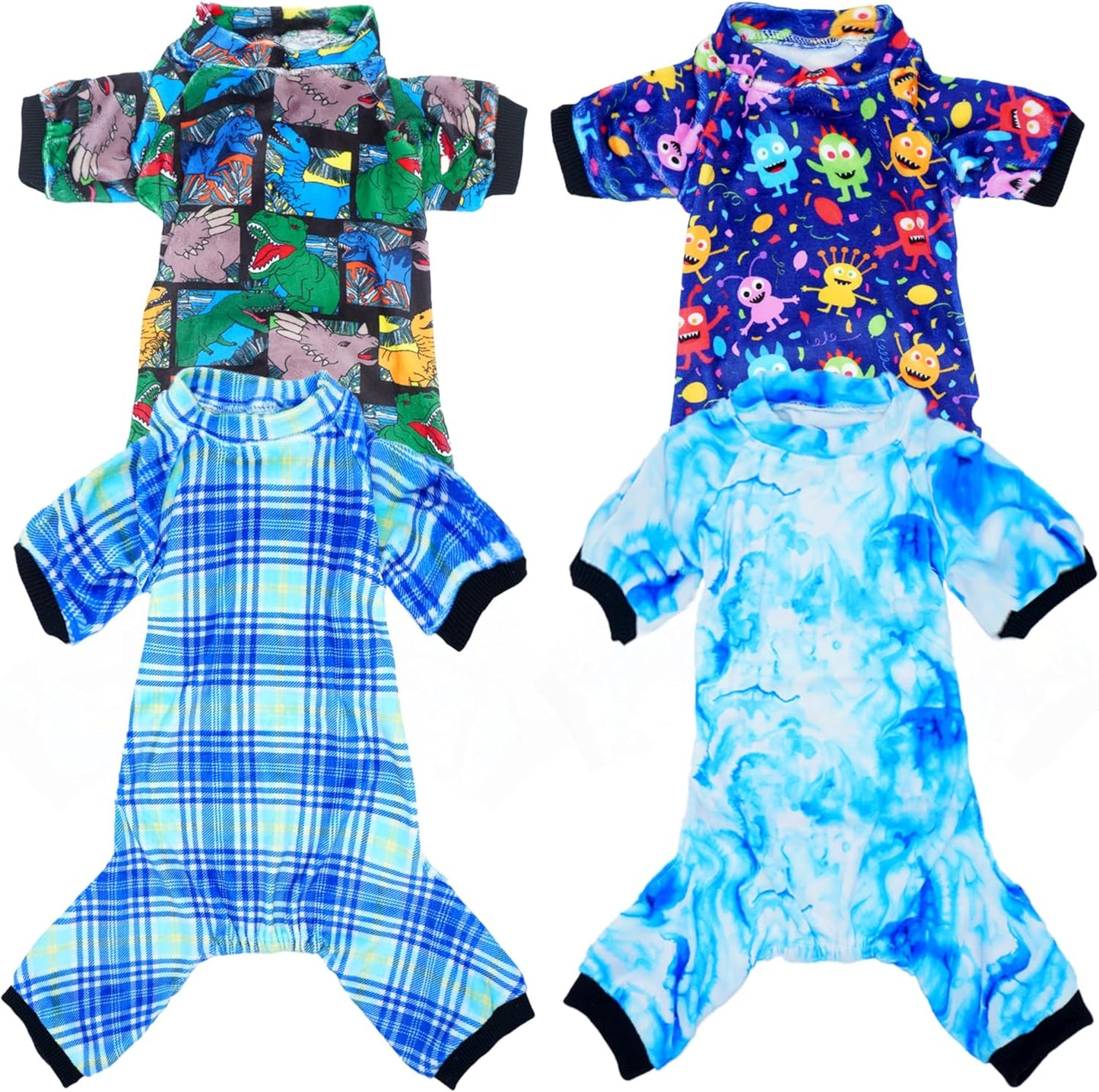 PET SHOW 4 Pack Small Dog Pajamas Cute Dinosaur Monster Clothes for Medium Dogs Soft Stretchy PJs Plaid Jumpsuit Puppy Tie Dye Onesies Outfits with Sleeve Pets Dachshund Costume(XXL, Blue for Boys)