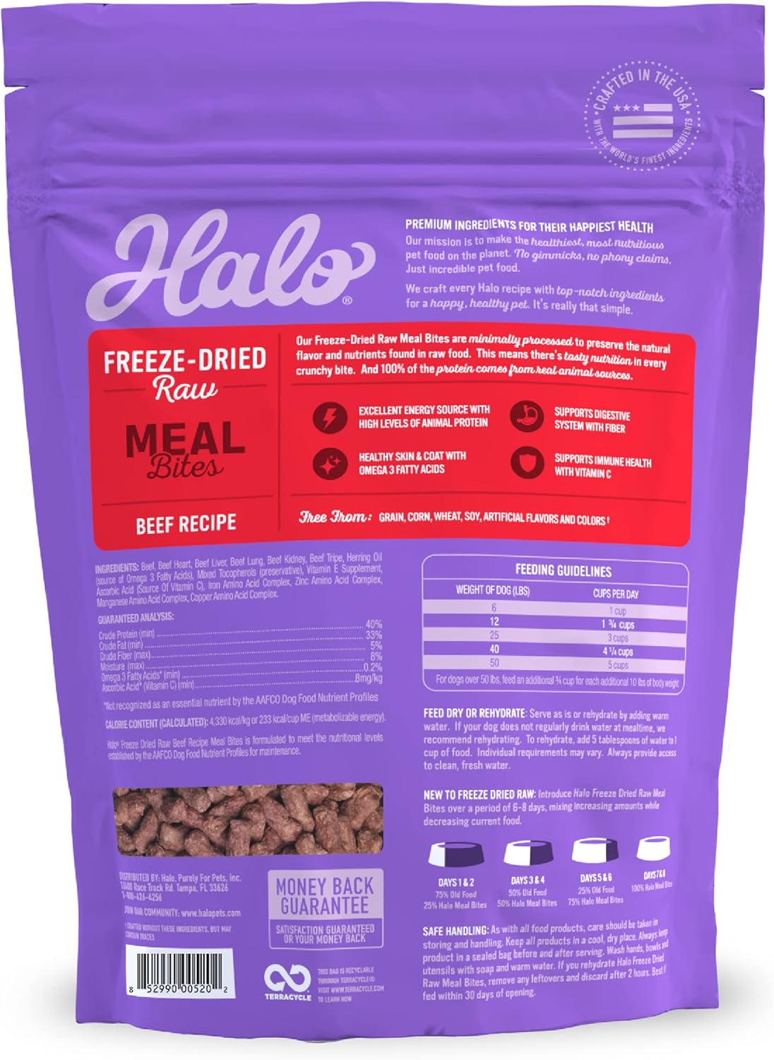 Halo Freeze Dried Raw Dog Food, Beef Recipe, 100% Protein Source, Real Meat for Natural Energy, Meal Bites, 14 Oz Bag