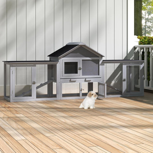 82.5” Large Wooden Rabbit Hutch Outdoor Easy to Assemble Rabbit Cage and Durable Bunny Hutch Indoor with Cleaning Tray & Waterproof Roof for Small and Medium Bunny Rabbit Chick (Grey)