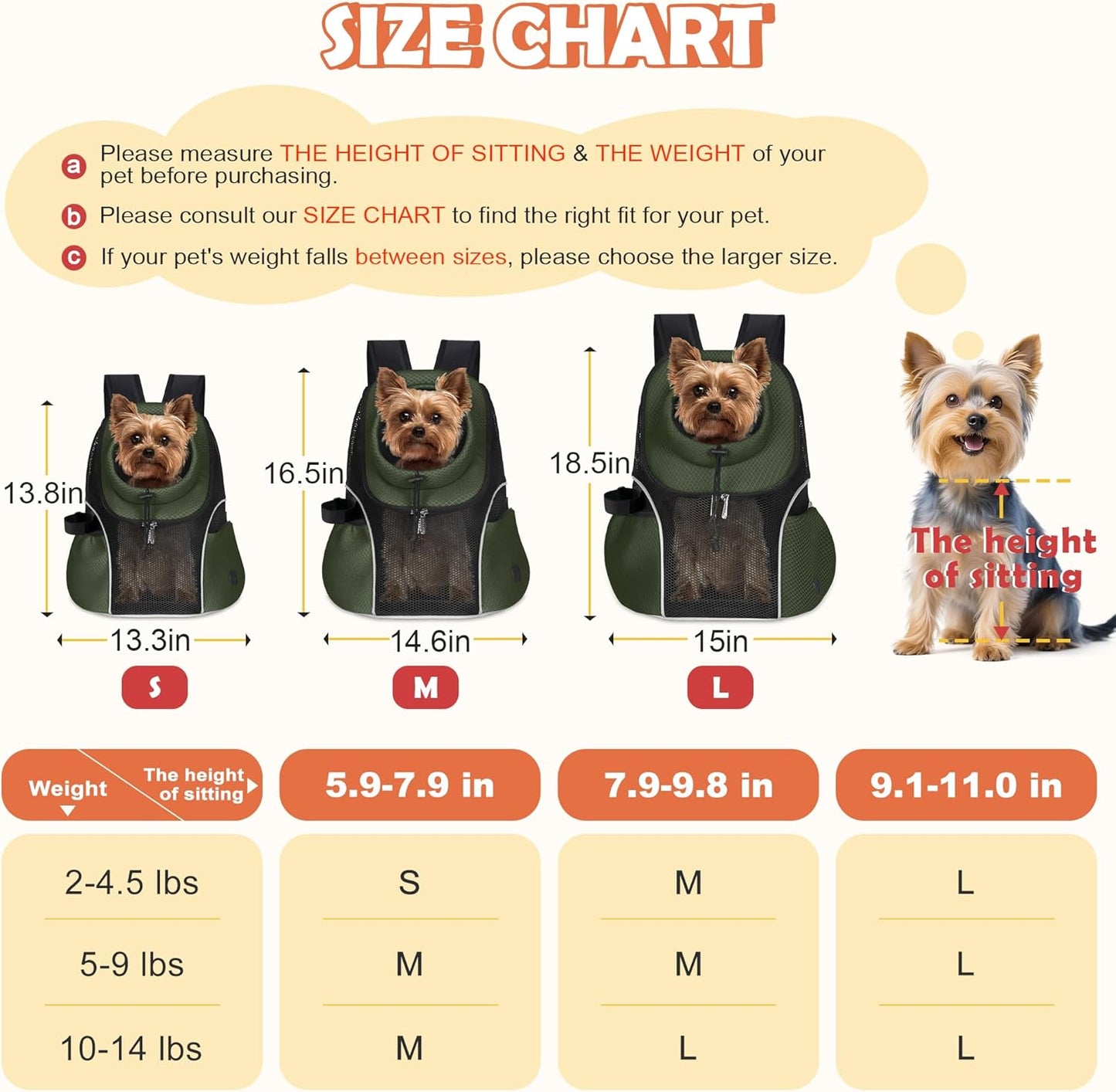 WOYYHO Pet Dog Carrier Backpack Small Dog Front Backpack Ventilated Mesh Dog Travel Back Pack with Safety Belt for Travel Hiking Cycling Outdoor Adventures (Size S: 2-4.5 lbs, Army Green)