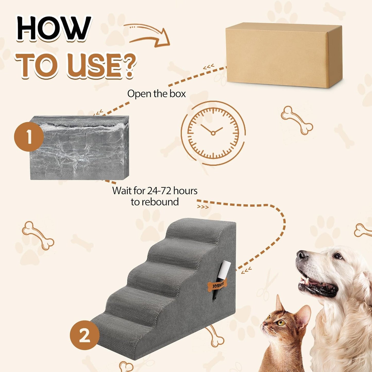 Romrol Dog Stairs Ramp for Small Dogs, Pet Stairs Steps with Durable Non-Slip Waterproof Fabric Cover, Dog Slope Stairs to Bed for Small Dogs and Cats or Pets Joints, 5-Steps, Grey
