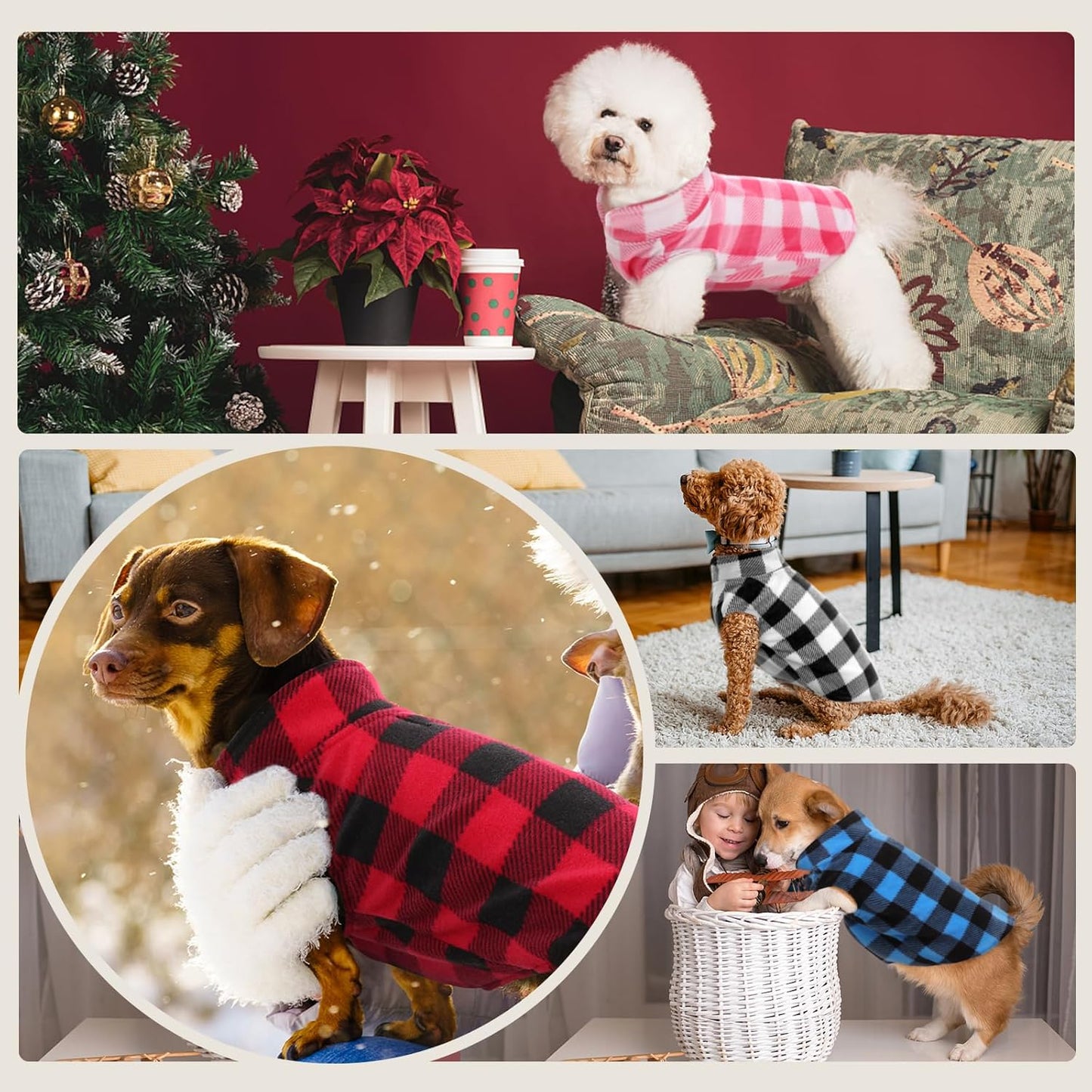 Kuoser Dog Fleece Vest,Warm Plaid Dog Sweater with Leash Hole,Soft Turtleneck Winter Pet Jacket Dogs Coat Pullover Clothes for Small Medium Dogs Cats,Spring Fall Cold Weather Christmas Outfit,Blue M