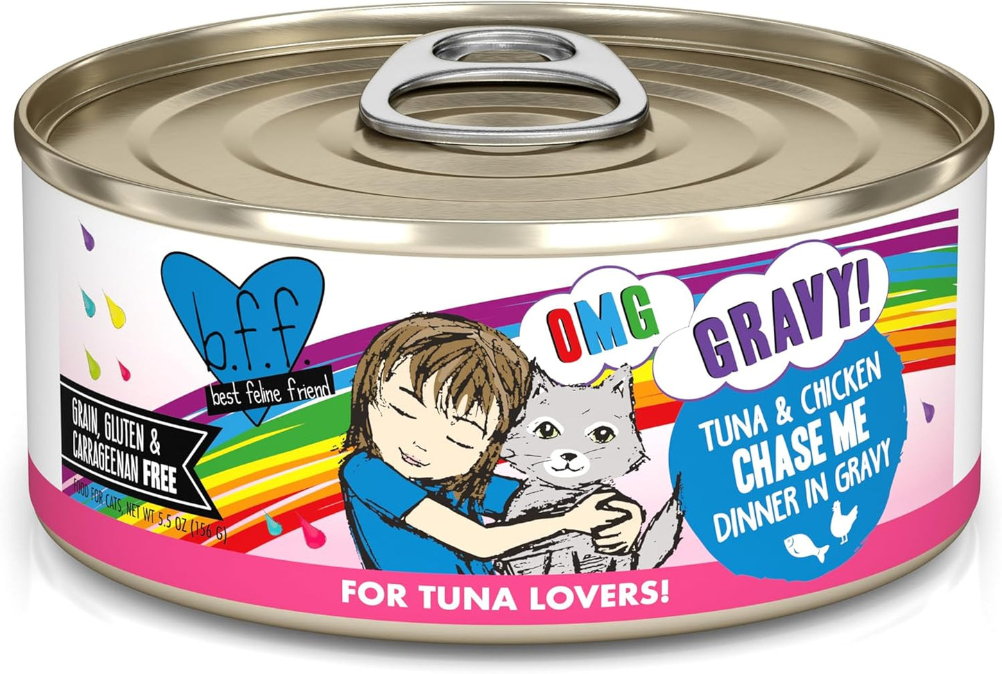 Weruva B.F.F. OMG - Best Feline Friend Oh My Gravy!, Tuna & Chicken Chase Me with Tuna & Chicken, 5.5oz Can (Pack of 8)