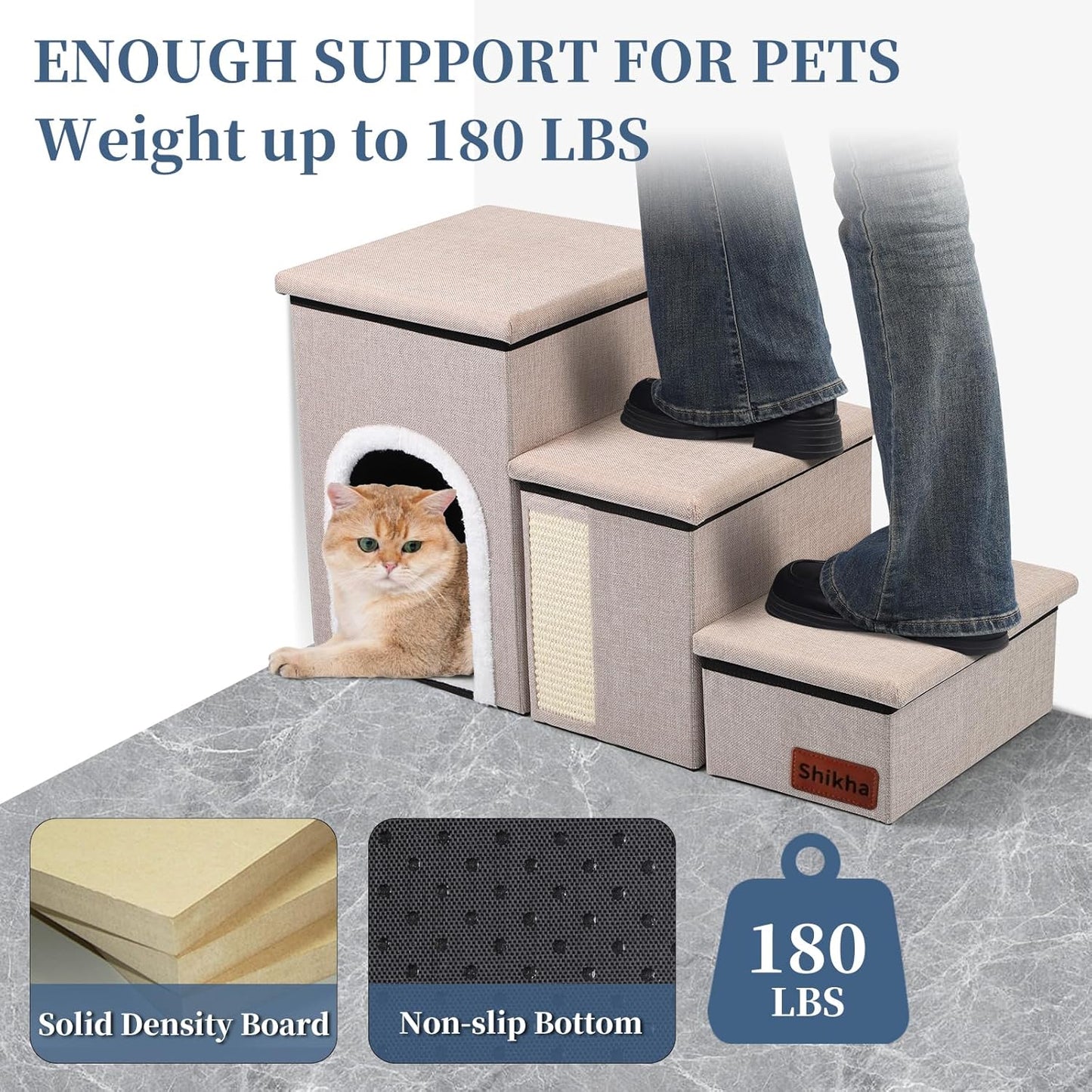 Dog Steps for Bed and Couch, 17”H Foldable Dog Stairs for Small Older Dogs Cats, Adjustable Pet Cat Stairs Ramps with Storage with Condo, Scratcher, Hold Up to 180LBS, Pet Cat Steps Beige