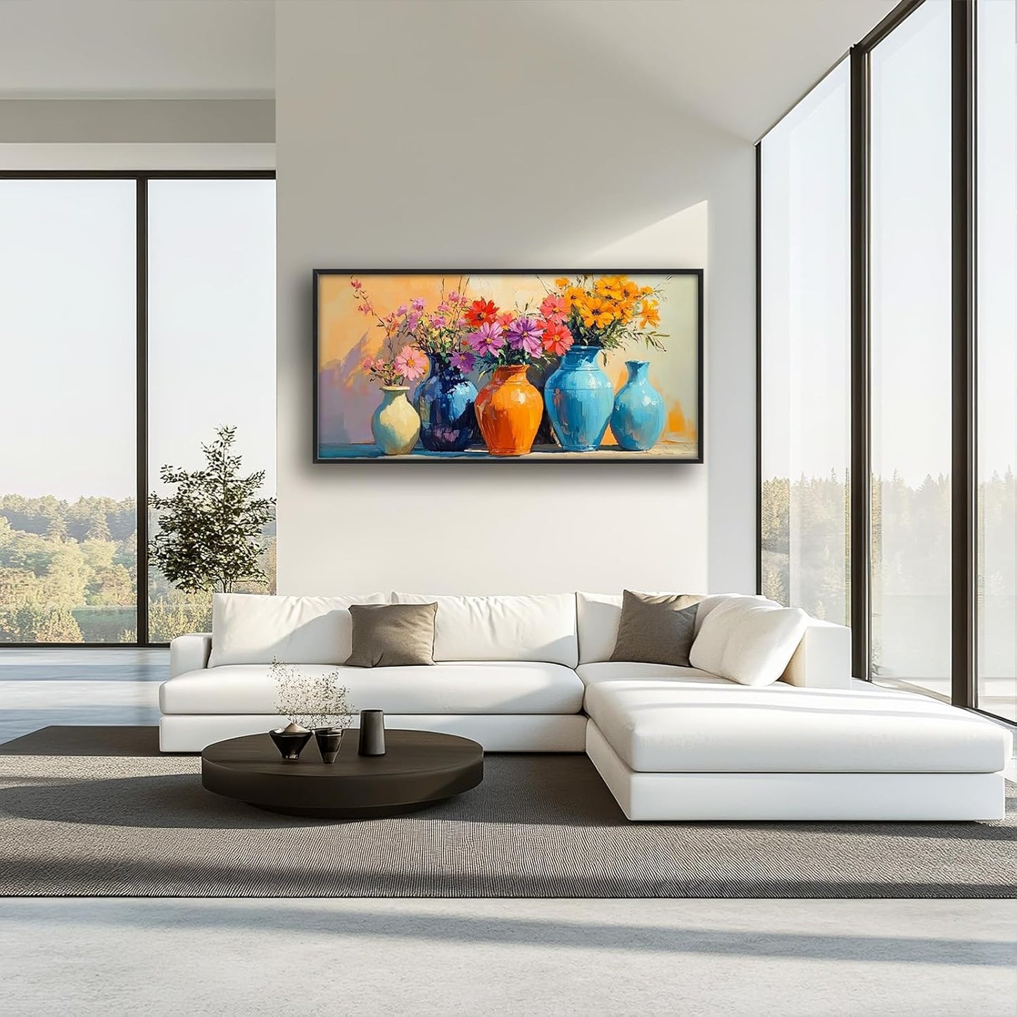 Large Colorful Floral Wall Art for Living Room, Framed Oversized Asian Flower Vase Decor Canvas Painting Sunlight Pictures Modern Artwork for Bathroom Bedroom Office Dining Room 60"x30"