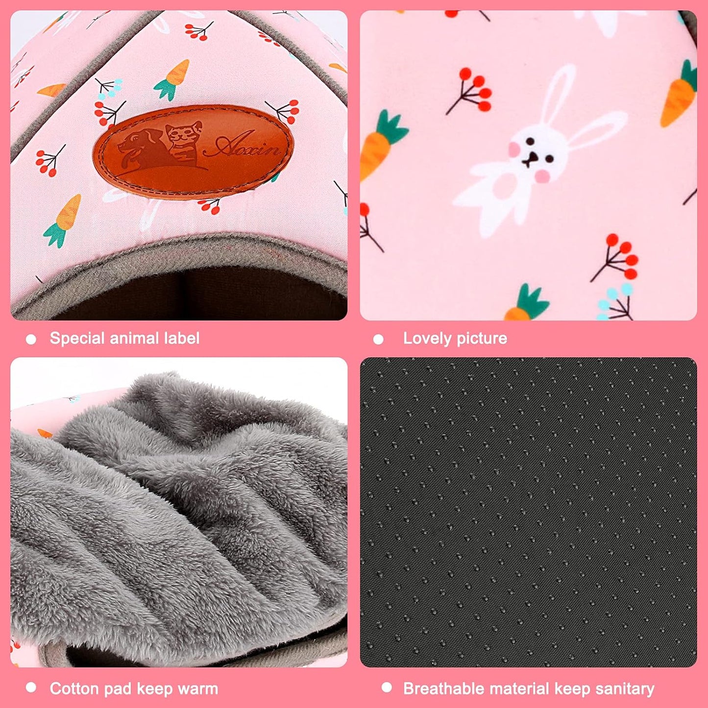 BWOGUE Guinea Pig Bed Large Hide-Out Cozy House Bed for Rabbits Ferret Chinchilla Bearded Dragon Winter Warm Cage Nest Hamster Accessories Cute Bunny and Carrot Pattern