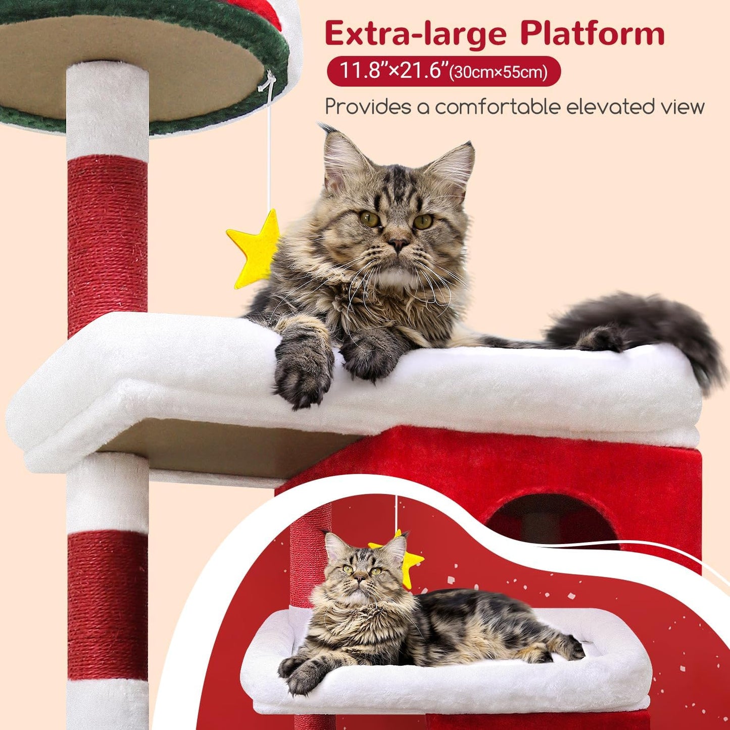 Globlazer Heavy Duty Cat Trees for Large Cats, Sturdy 72in Maine Coon Cat Tree for Large 20 lbs+ Heavy Duty Cat Tower for Adult Biggest Cats with 6 Scratching Posts, Hammock, S72, Red White Green