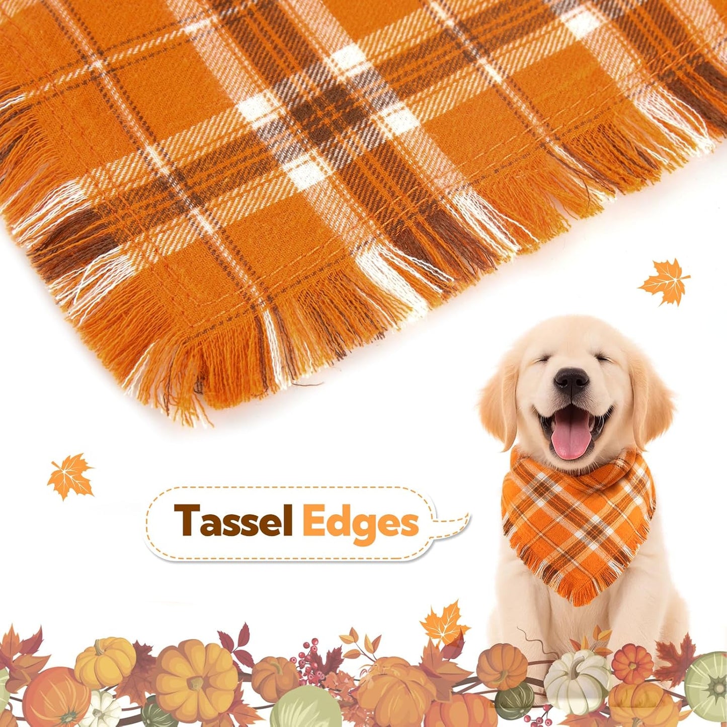 Kytely Fall Dog Bandana 2 Pack, Halloween Thanksgiving Dog Bandanas, Orange Plaid Pet Scarf for Boy and Girl, Holiday Bandana Reversible Triangle Bibs Accessories for Dogs Pets Small