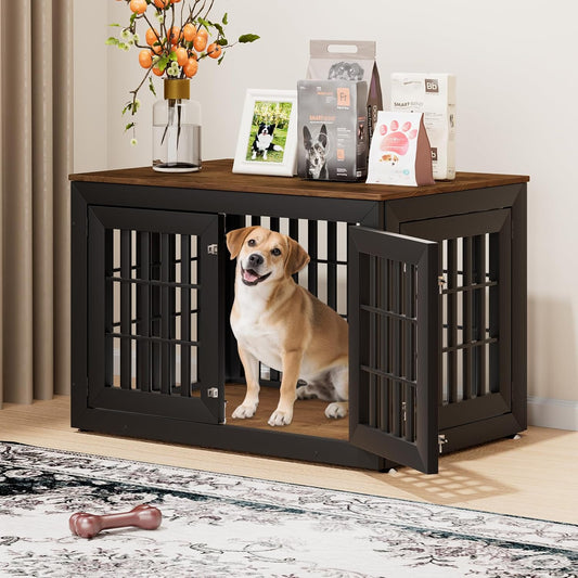 42" Heavy Duty Dog Crate Furniture for Small,Medium and Large Dogs,Rustic Wooden Dog Cage Kennel Indoor Furniture with Waterproof Top,Decorative Pet House Side End Table (Black & Wood)
