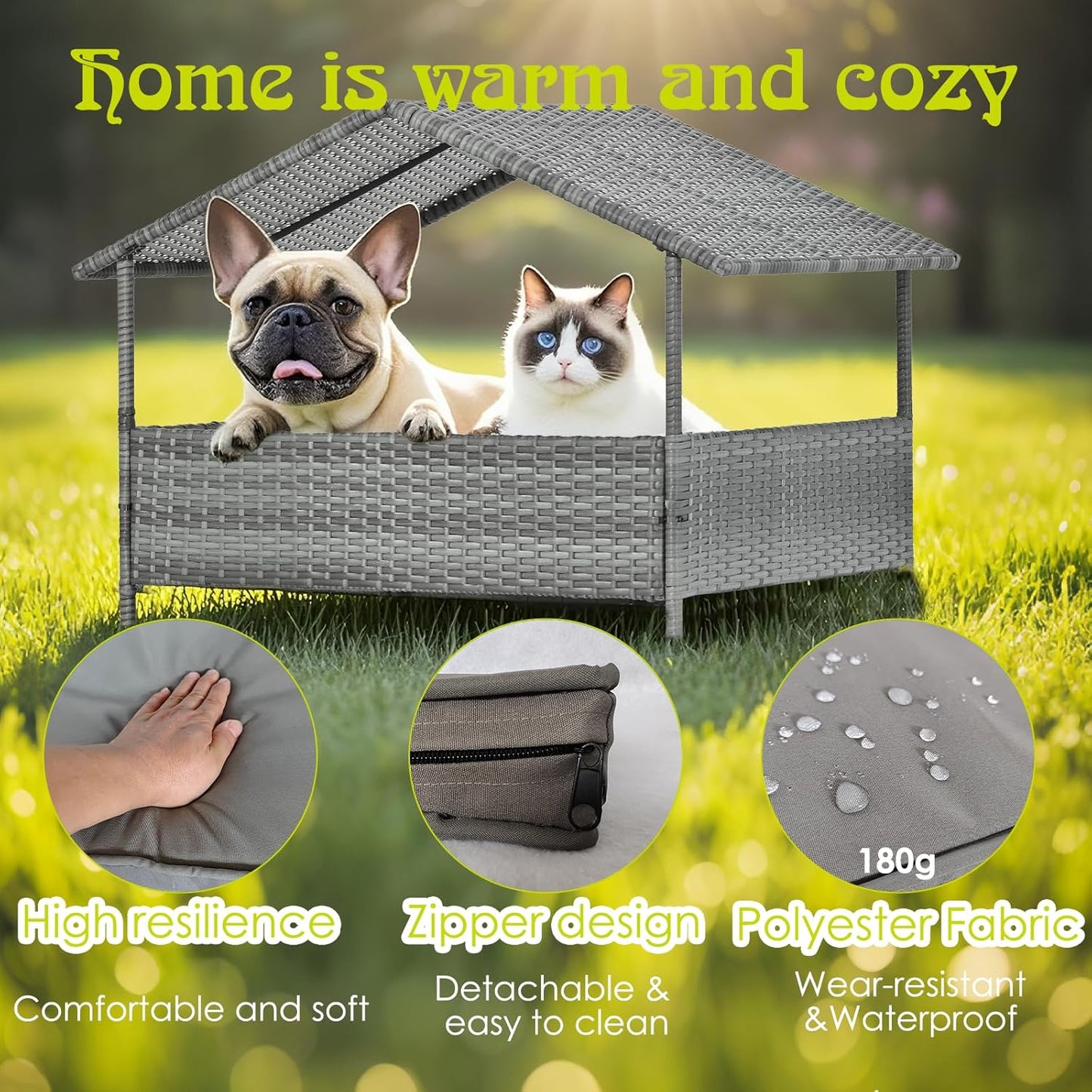 Wicker Dog House Outdoor Indoor with Canopy, Elevated Dog Shelter & Dog Bed with Light Gray Cushion, Water-Resistant Raised Pet House for Small Medium Dogs, Rattan Dog Cot for Deck, Patio, Yard, Pool
