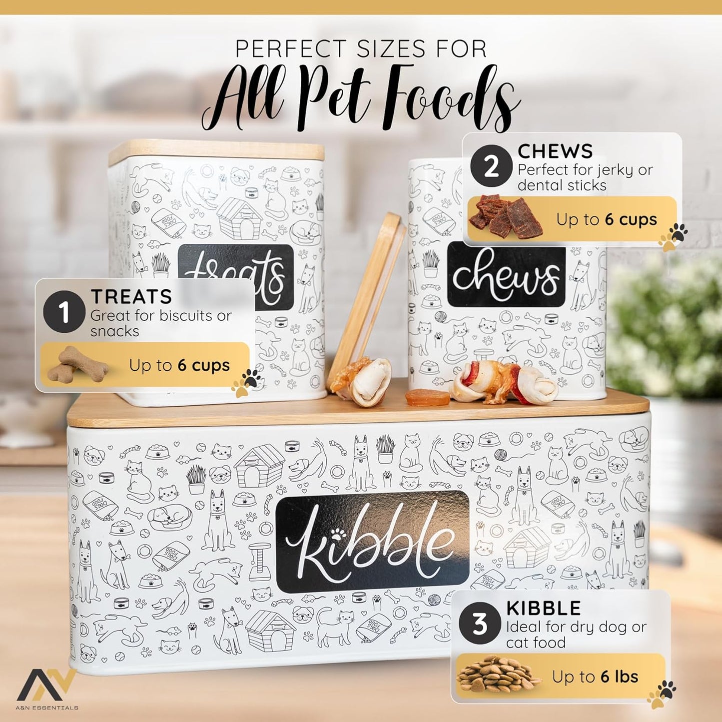 A&N Essentials 3-Piece Pet Food Storage Container Set – Airtight Galvanized Steel with Bamboo Lids – Holds Up to 6 lbs Kibble & 6 Cups Treats for Dogs & Cats