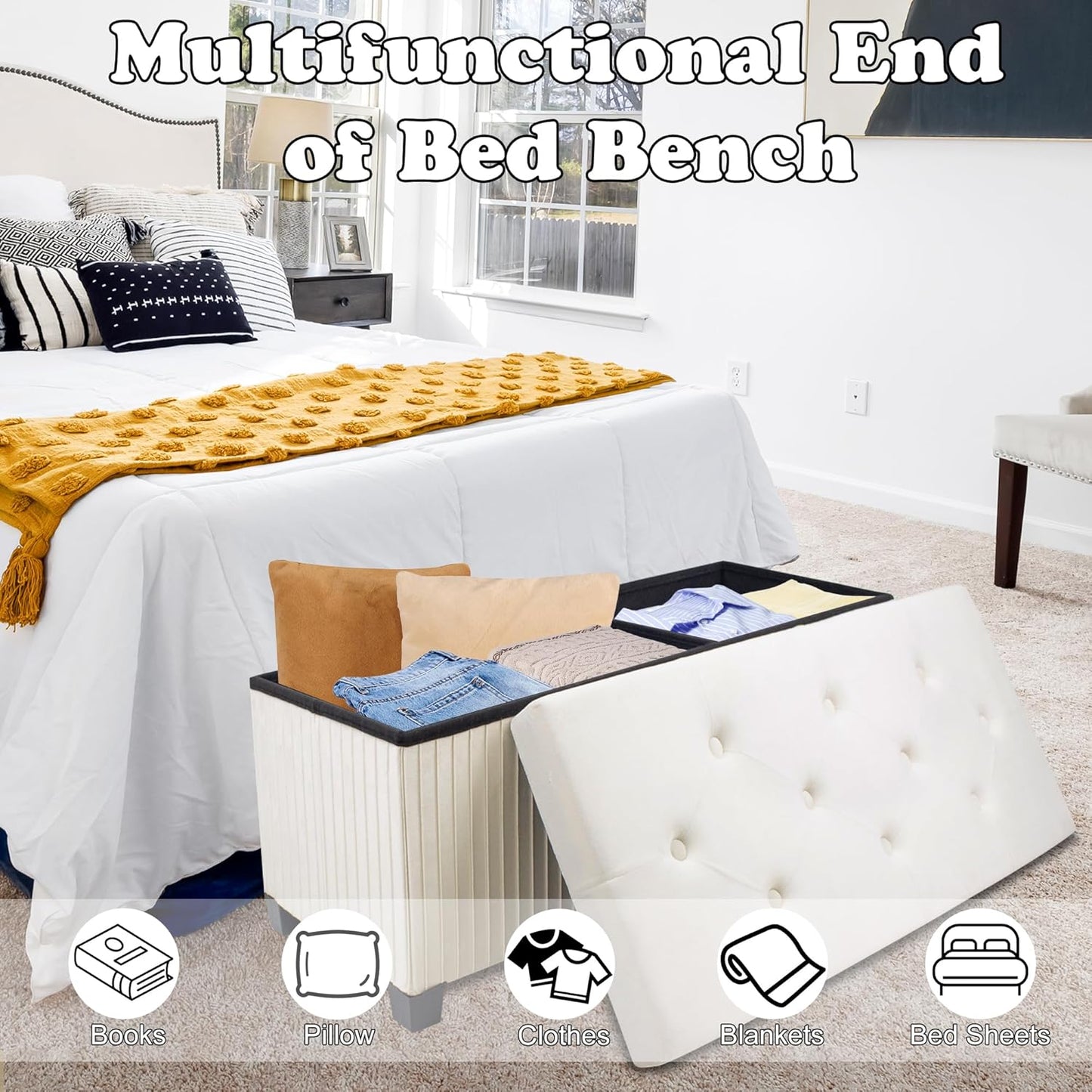 Storage Ottoman Bench, 43 Inch Foldable Ottoman with Legs, Velvet Foot Rest Stool, End of Bed Bench, Storage Chest for Living Room, Bedroom (Beige)