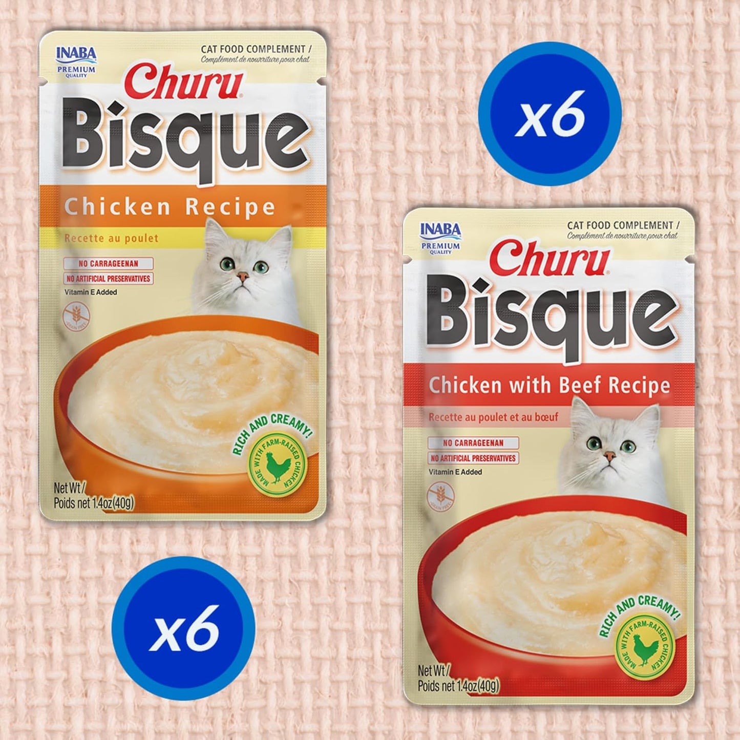INABA Churu Bisque for Cats, Creamy Lickable Purée Side Dish with Vitamin E, 1.4 Ounces per Pouch, 12 Pouches, Chicken Variety
