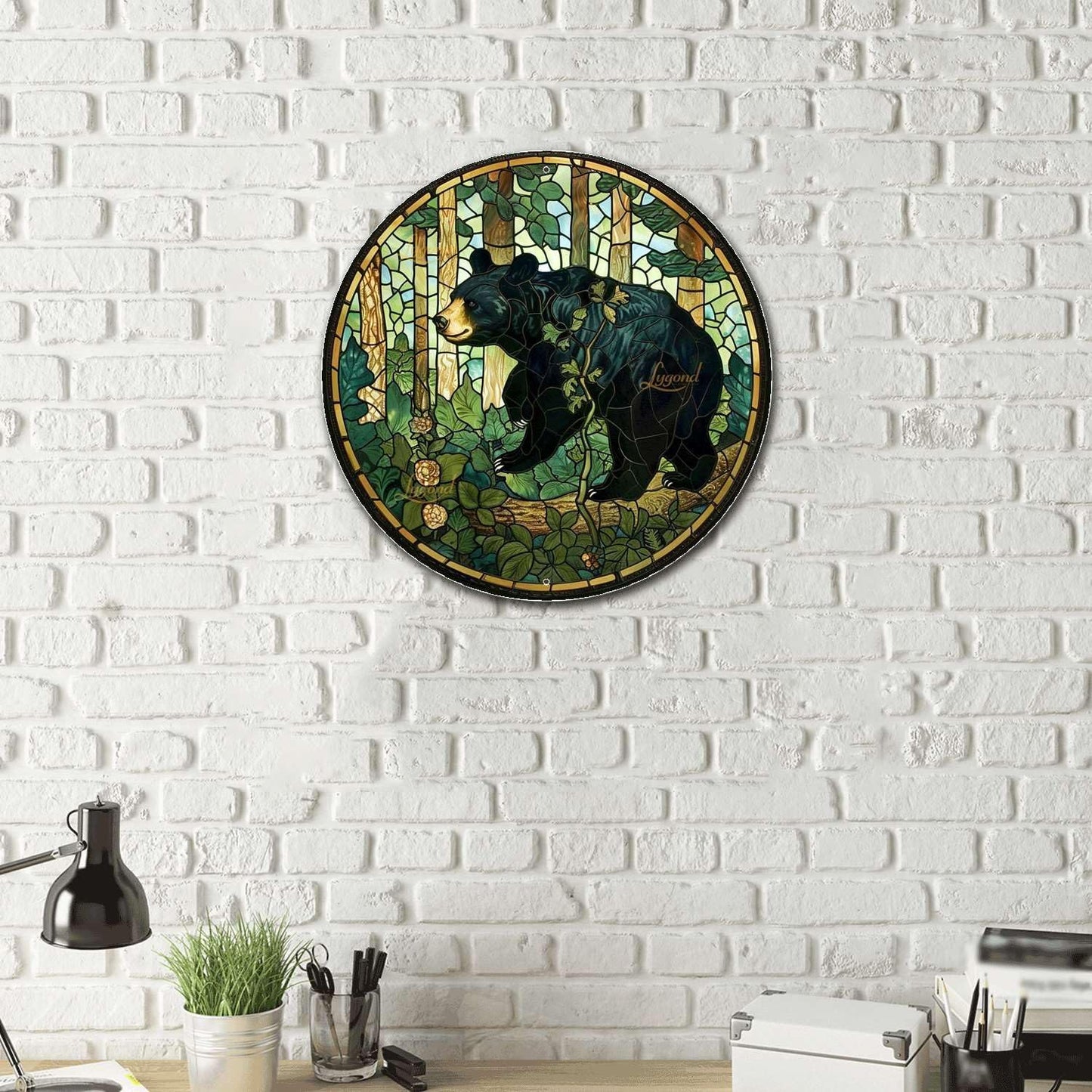 Lygond Metal Sign Tin Sign Circular Stained Glass American Black Bear Funny Bathroom Wall Decor for Restaurant 12×12 Inches