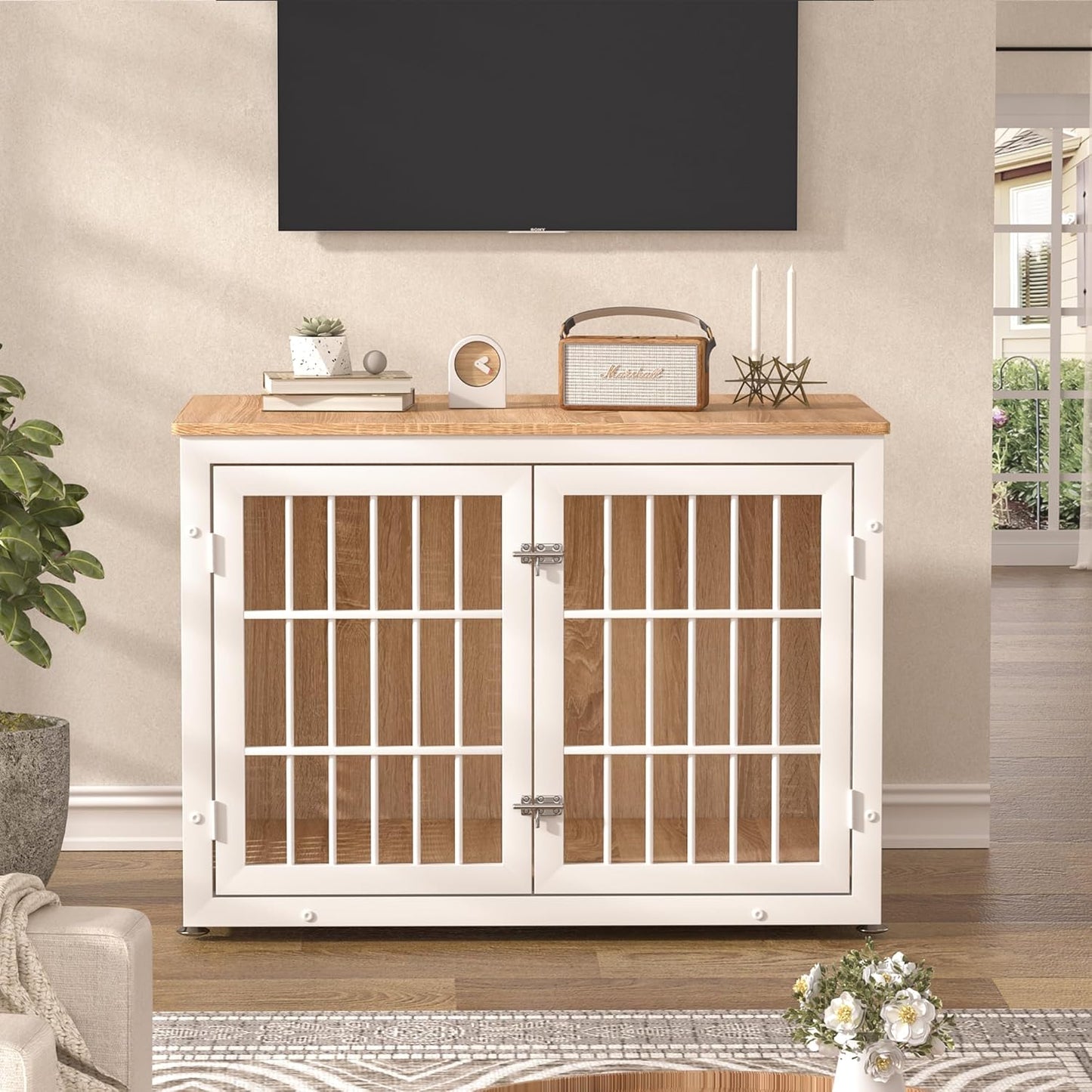 38" Heavy Duty Dog Crate Furniture for Large and Medium Dogs,Wooden Metal Kennel for High Anxiety Dogs, Chew Proof Pet Cage Indoor, Decorative Dog Kennel End Table, White