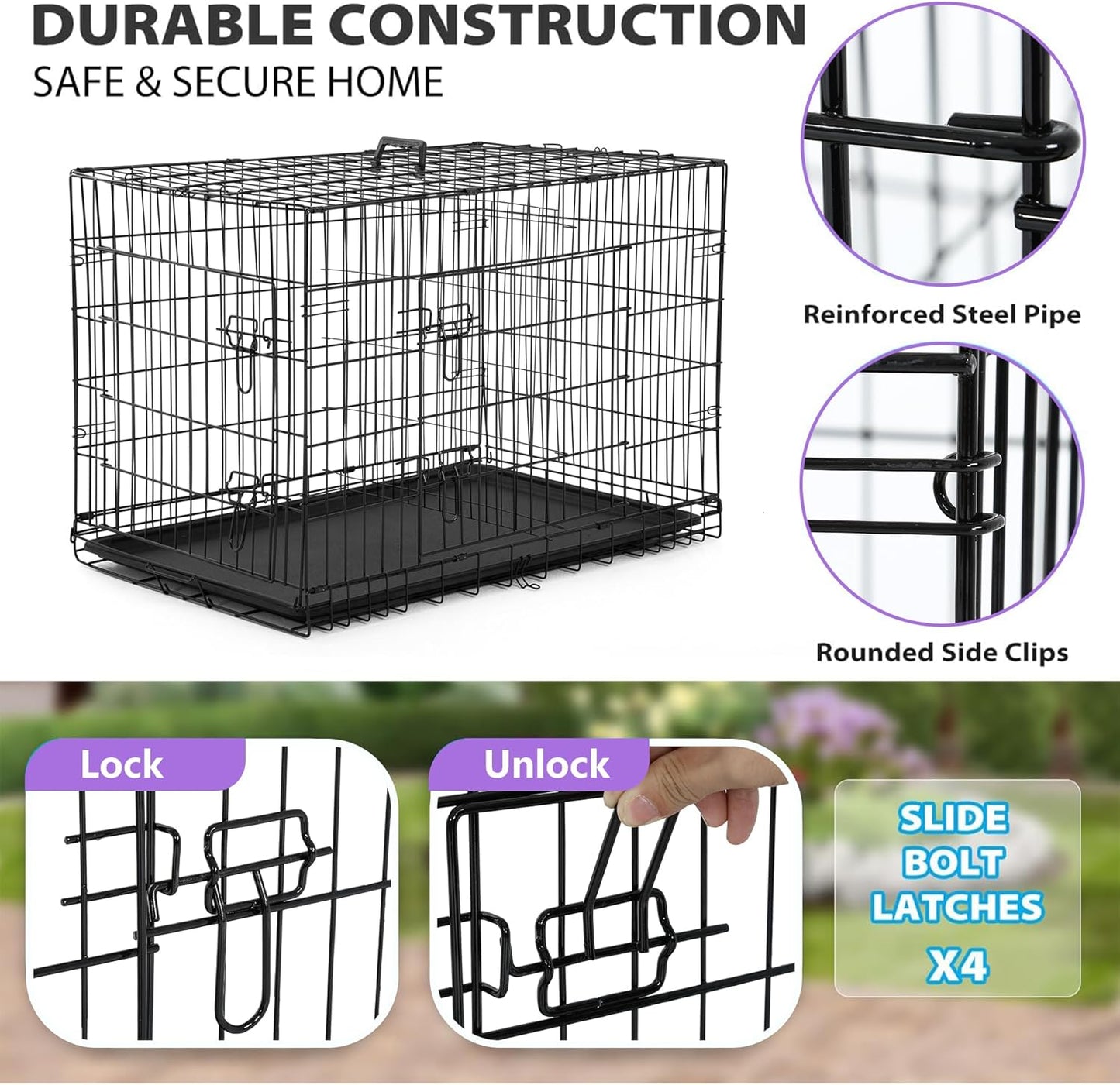 BestPet | Dog Crate | 30" | Black | Foldable Metal Kennel with Double Doors, Secure Slide-Bolt Latches, Leakproof Tray | Portable Dog Cage for Small Breeds | for Travel, Indoor & Outdoor Use