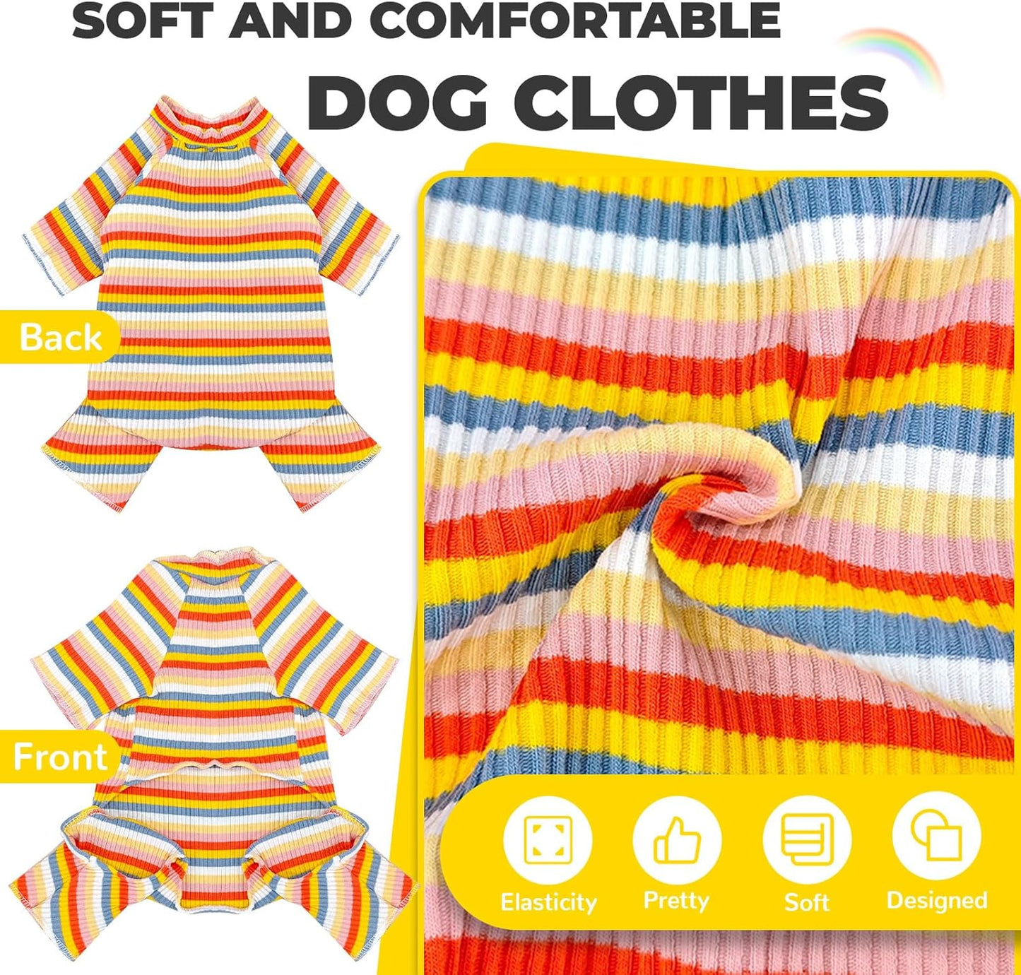 BAEJMJK Striped Dog Pajamas Stretchy Cute Four-Legged Boy Girl Dog Clothes with Sleeves Comfortable Dogs Jumpsuit Colorful Pet Puppy Outfits Apparel for Small Medium Dogs Cats(Yellow,Medium)