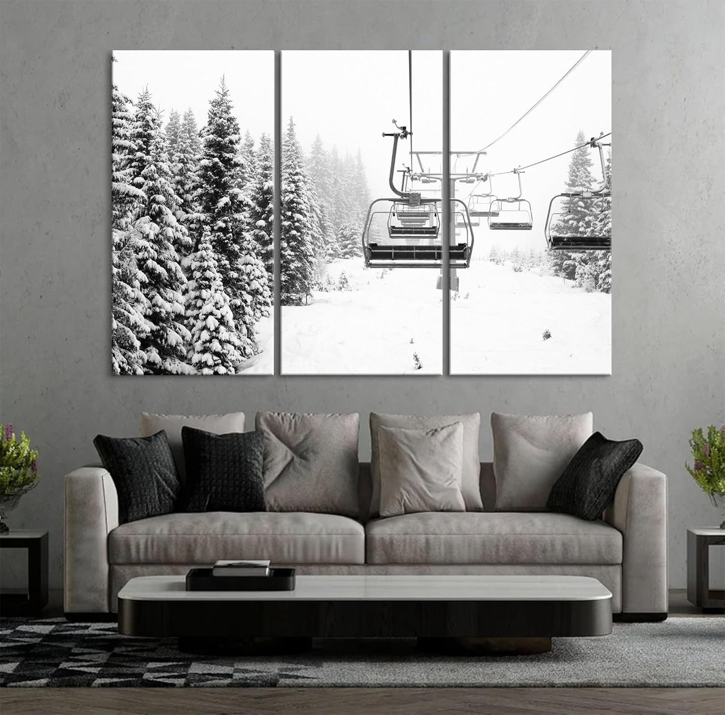 Nature Wall Art Prints - Ocean Forest Mountain Lake Canvas Landscapes - Small to Extra Large Living Room Bedroom Kitchen Bathroom Décor (Ski Lift on Snowy Mountain, 35L" x 53W" - 3 Panels)