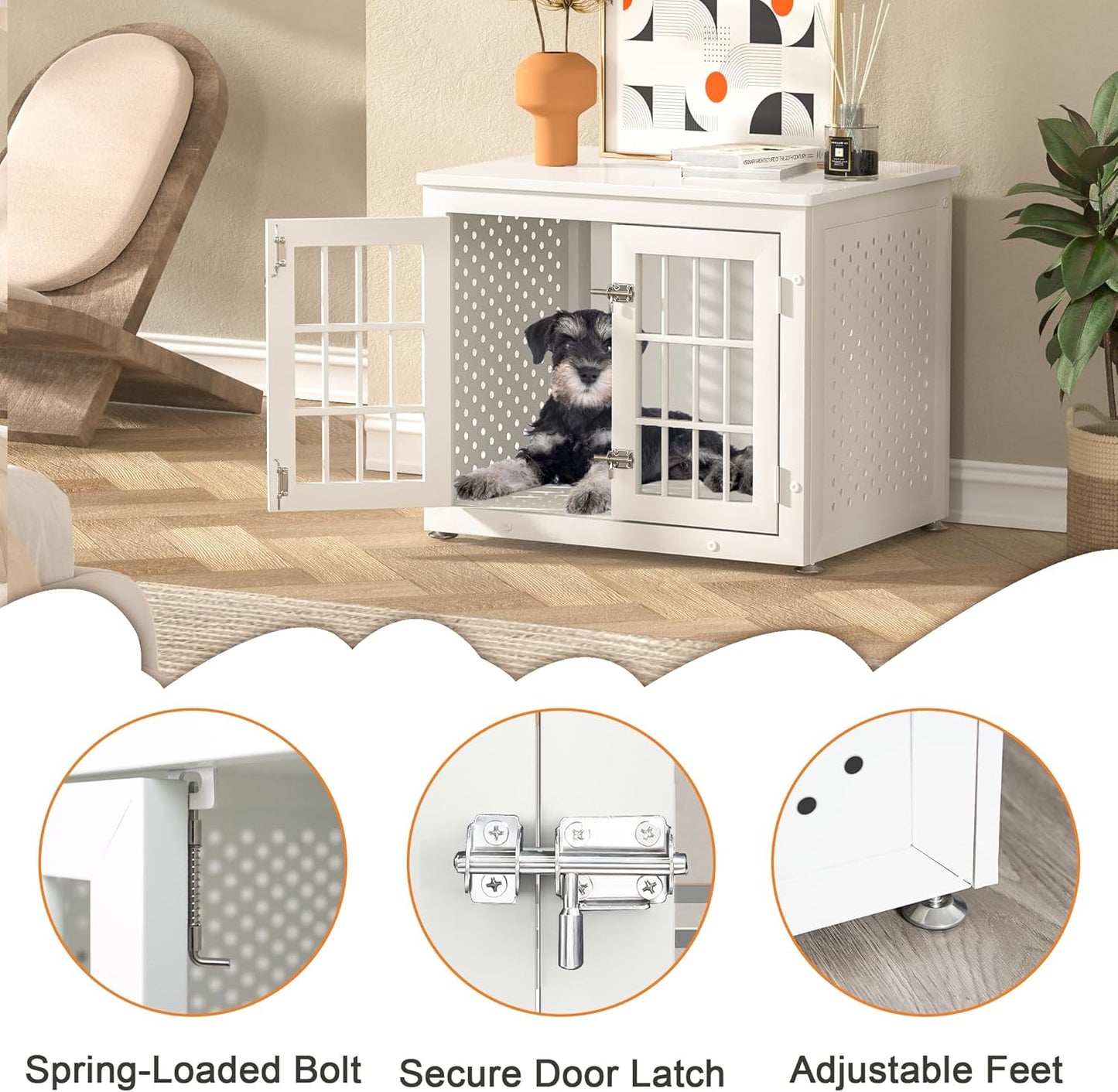 26" Heavy Duty Dog Crate Furniture for Small Dogs, Metal Kennel for High Anxiety Dogs, Chew Proof Pet Cage Indoor, Decorative Dog Kennel End Table, White