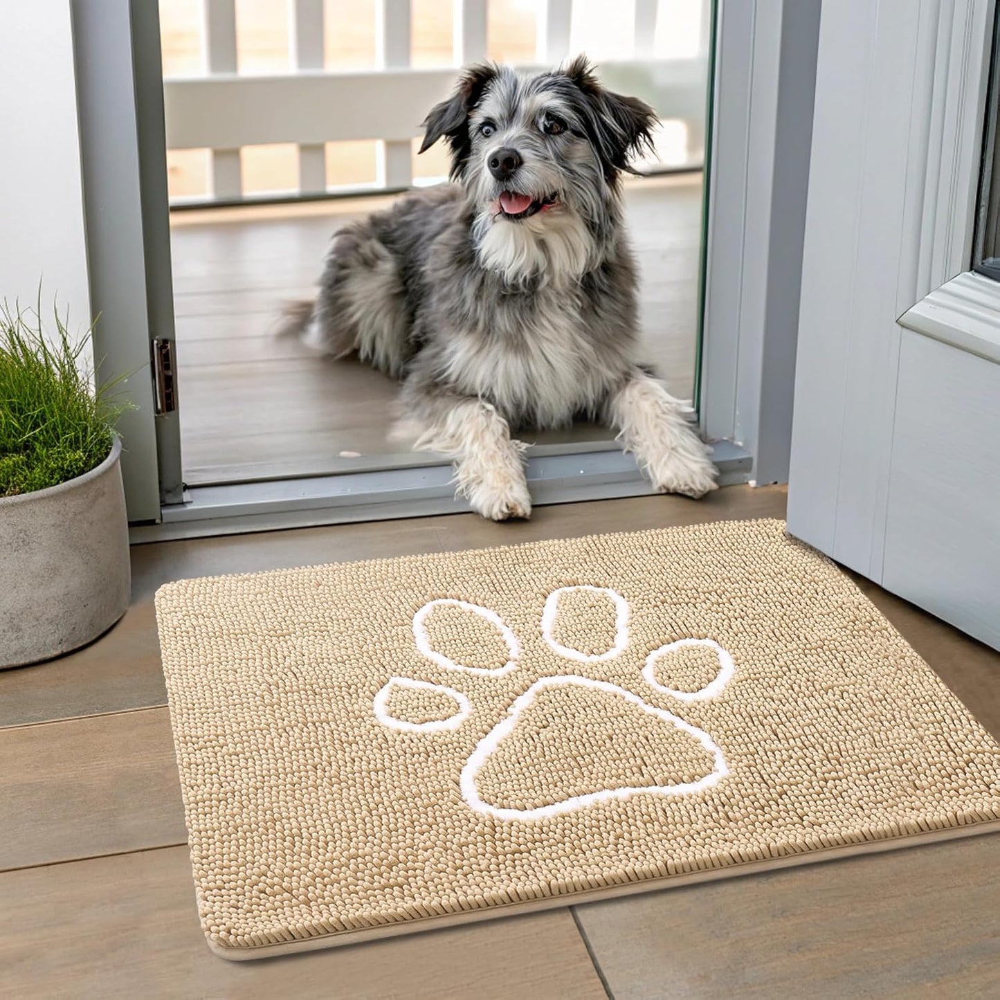 Smiry Dog Door Mat for Muddy Paws, Absorbent Dirt Trapper Non Slip Quick Dry Washable Chenille Mat for Mud Dogs, Entry Rug for Indoor and Outdoor (24x16 Inches, Beige)
