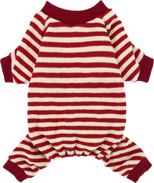 Fitwarm Red and White Striped Dog Pajamas, Waffle Dog Clothes for Small Dogs Girl Boy, Puppy Onesie with Feet, Pet Christmas Outfit, Small