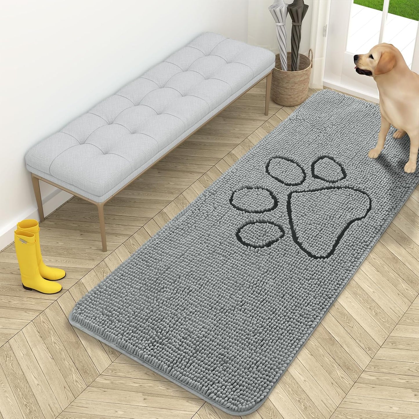 OLANLY Door Mat for Muddy Dog Paws 59x24, Ultra Absorbent Chenille Mud Doormat with Paw Print Design, Non-Slip Washable Doormat for Indoor Entryway, Quick-Dry Pet Bed Mats for Dirty Dogs, Grey
