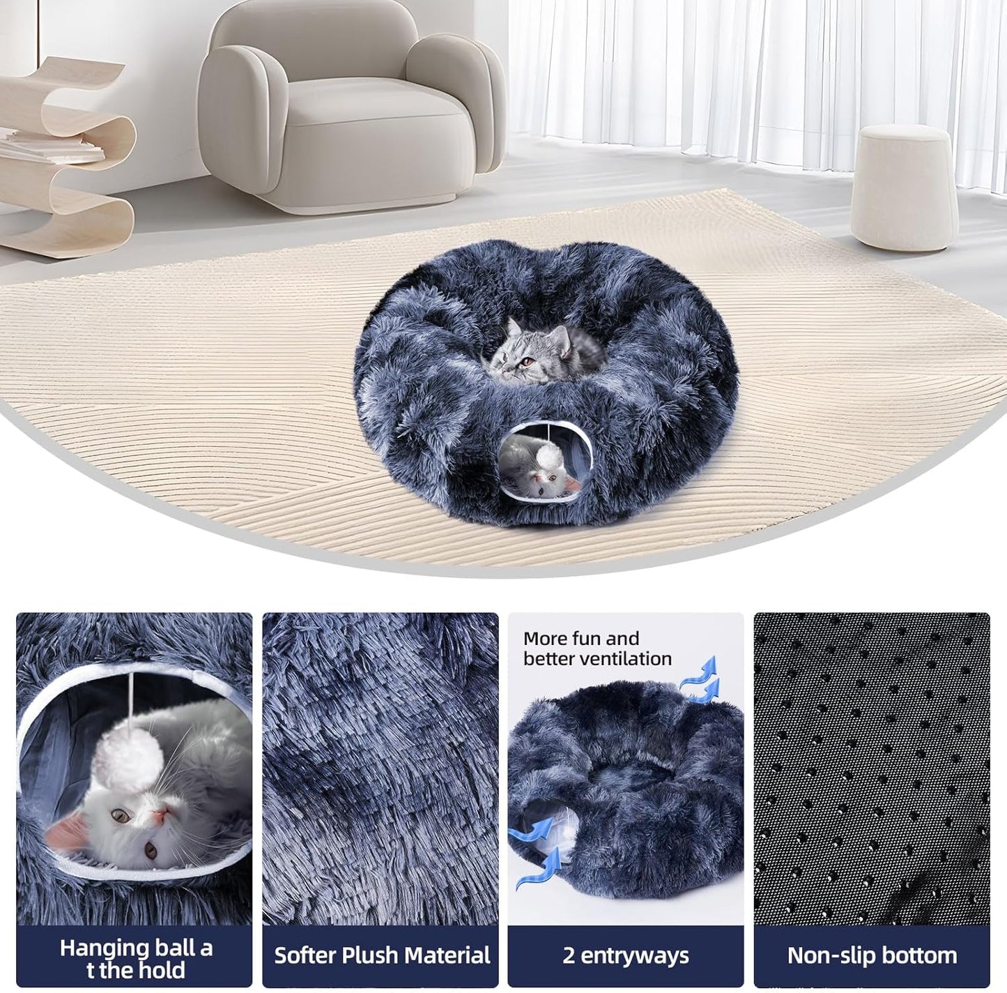 Odoland Cat Tunnels for Indoor Cats with Fluffy Plush Central Cat Couch and 20 Cat Toys, Tunnel Bed for Cats with Hanging Ball, Detachable Soft Mat and Variety Kitty Toy Set, Deep Blue