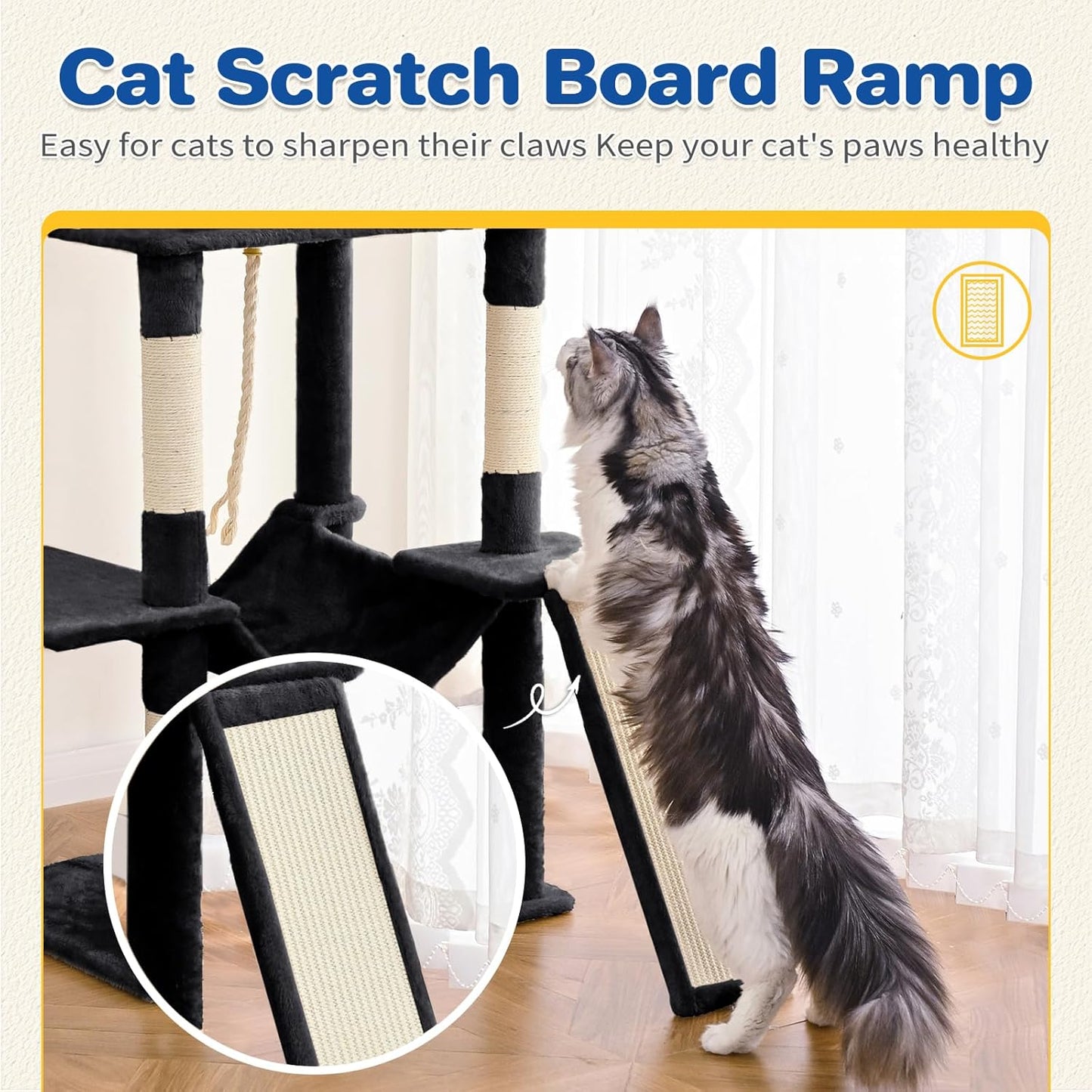 Cat Tree Tower 63in Multi-Level Cat Tower for Indoor Cats with Sisal Scratching Posts, Condo, Hammock, Dangling Ball and Extended Platform for Cats to Play, Black